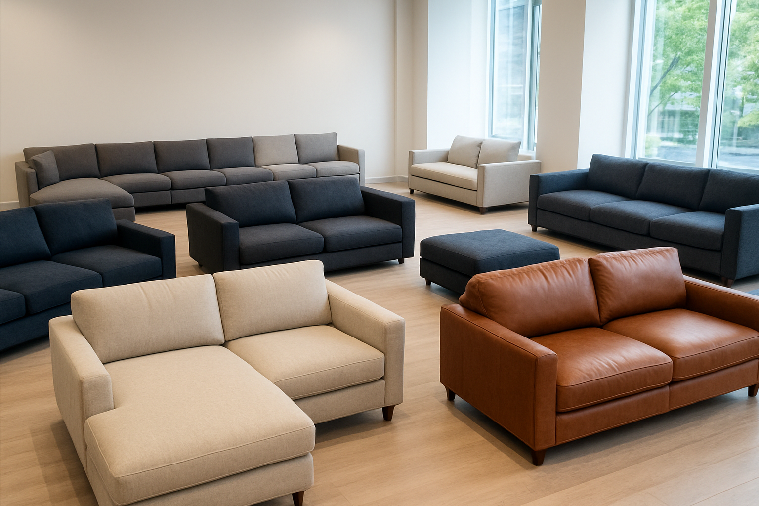 Create a realistic image of various 7-seater sofa designs and styles displayed in a modern furniture showroom, featuring different configurations including L-shaped sectionals, U-shaped arrangements, and modular designs in various colors like beige, gray, navy blue, and brown leather, with clean white walls and bright natural lighting from large windows, showing the diverse options available for large family seating arrangements, absolutely NO text should be in the scene.