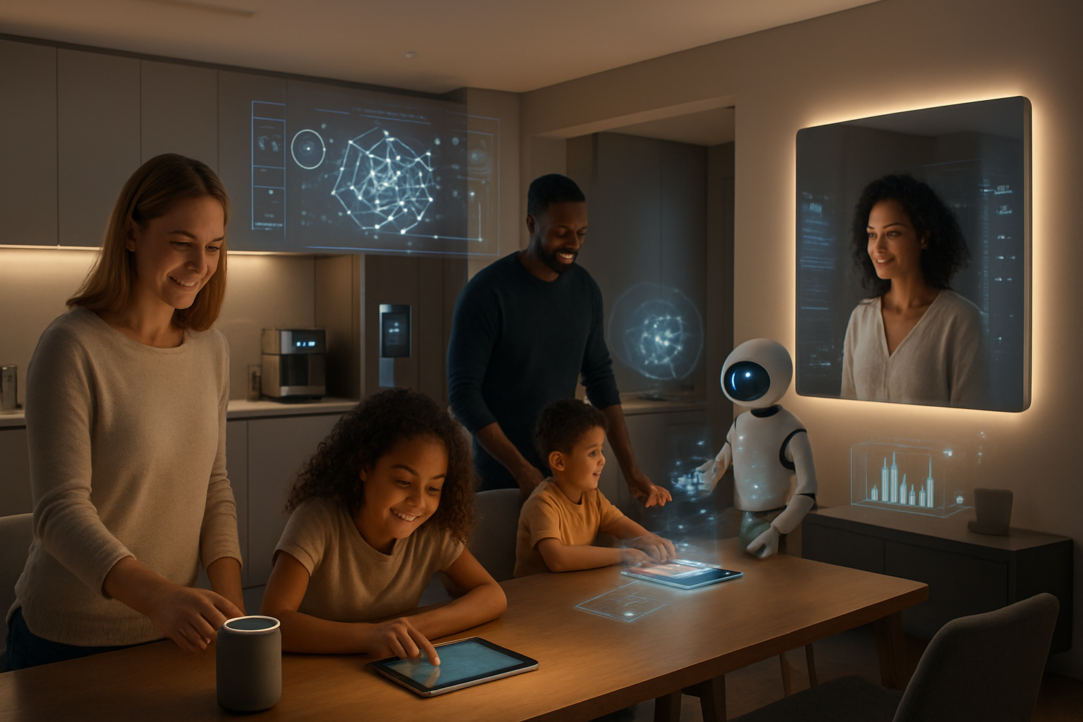 Create a realistic image of a modern smart home interior showing AI technology seamlessly integrated into daily life, featuring a diverse family with a white female mother, black male father, and mixed-race children interacting with various smart devices including voice assistants, automated kitchen appliances, smart mirrors, and holographic displays, with soft ambient lighting creating a warm futuristic atmosphere, robotic assistants helping with household tasks, and digital interfaces floating in the air showing data visualizations and machine learning algorithms at work, all set in a sleek contemporary living space with clean lines and advanced technology subtly embedded throughout the environment. Absolutely NO text should be in the scene.
