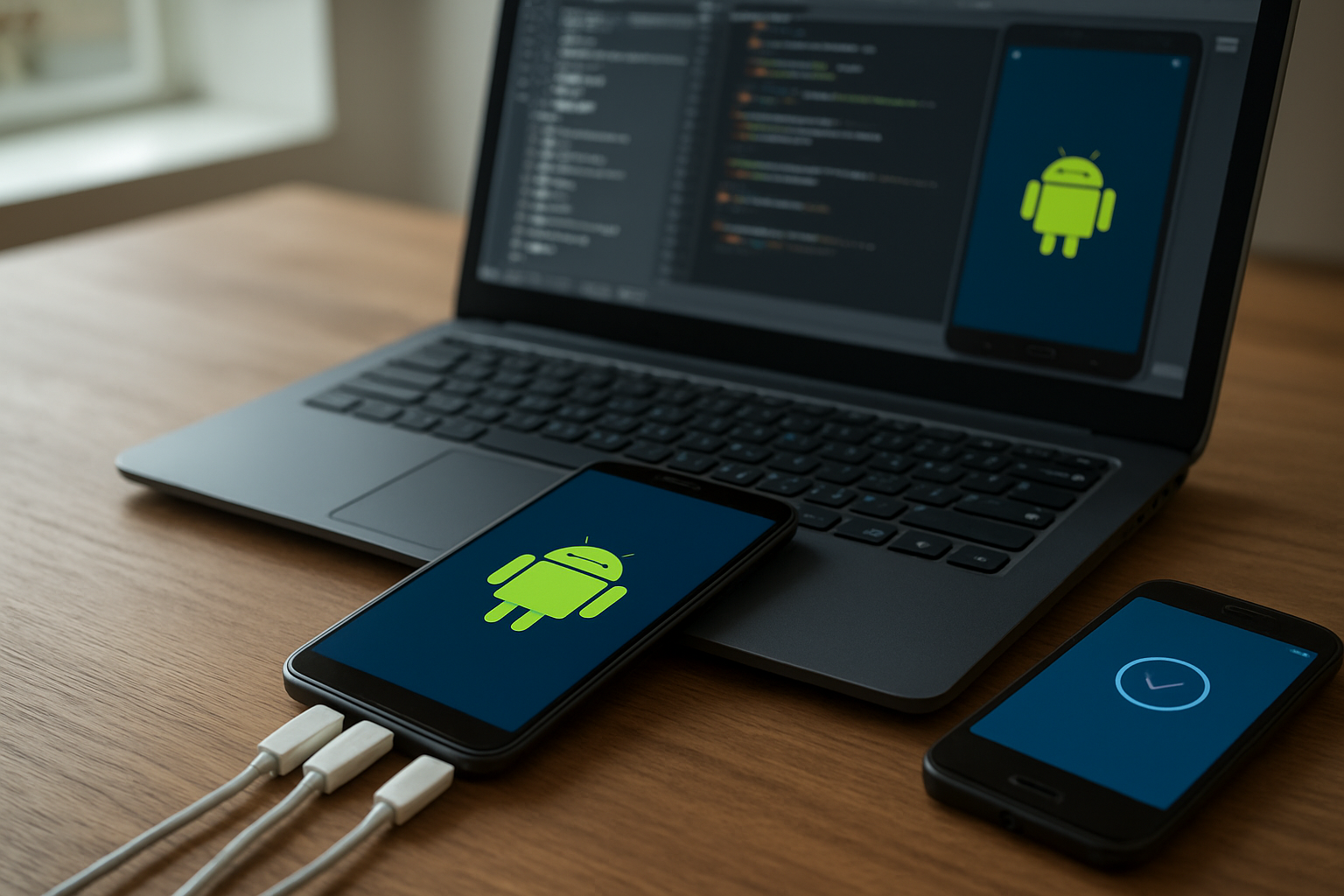 Create a realistic image of a smartphone lying on a wooden desk with multiple USB cables (micro-USB, USB-C, and Lightning) connected to it, alongside a laptop computer displaying Android development tools on the screen, with a secondary older Android phone nearby showing a different installation interface, set in a modern tech workspace with soft natural lighting from a window, creating a problem-solving atmosphere for mobile app installation troubleshooting. Absolutely NO text should be in the scene.