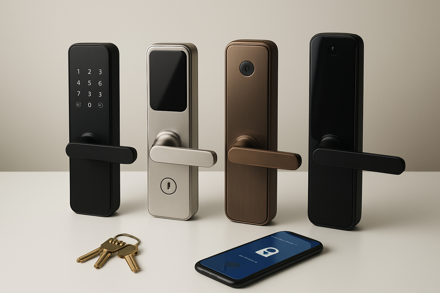 Create a realistic image of multiple modern WiFi-enabled smart door locks displayed side by side on a clean white surface, showing various sleek designs including keypad locks, app-controlled locks, and biometric models in black, silver, and bronze finishes, with rental property keys and a smartphone nearby showing a door lock app interface, set against a neutral background with soft natural lighting that highlights the premium features and modern technology of each lock model, Absolutely NO text should be in the scene.