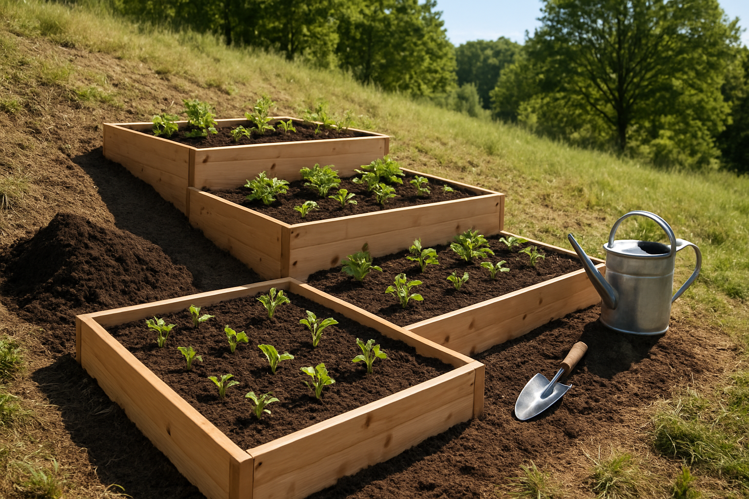 Create a realistic image of freshly filled raised garden beds constructed on a sloped hillside, showing rich dark soil being poured into wooden terraced planting boxes, with small vegetable seedlings and herb plants being carefully planted in rows, gardening tools like a trowel and watering can placed nearby, set against a natural outdoor background with trees and grass, captured in bright daylight with clear sunny lighting that emphasizes the successful completion of the slope gardening project, absolutely NO text should be in the scene.