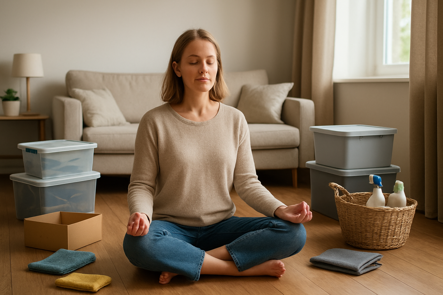 Create a realistic image of a peaceful living room with a white female sitting cross-legged on a wooden floor in meditation pose with eyes closed, surrounded by organized storage boxes, cleaning supplies like microfiber cloths and a basket, and a few scattered items ready to be sorted, with soft natural lighting streaming through a window, creating a calm and focused atmosphere that conveys mental preparation and readiness for decluttering tasks, absolutely NO text should be in the scene.