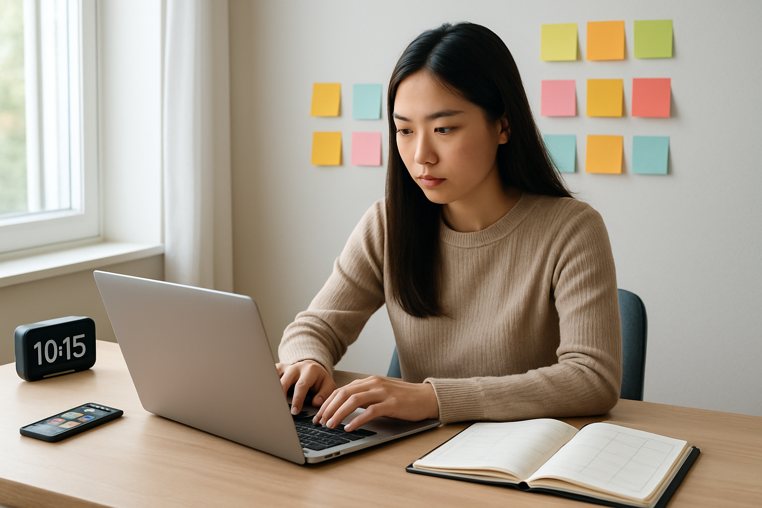 Create a realistic image of a focused Asian female college student sitting at a modern desk with a laptop open, digital clock showing time, smartphone with productivity apps visible, colorful sticky notes organized on the wall, a physical planner open beside the laptop, and a digital tablet displaying a calendar interface, set in a bright, well-lit study room with natural lighting from a window, conveying an atmosphere of organization and efficient time management, Absolutely NO text should be in the scene.