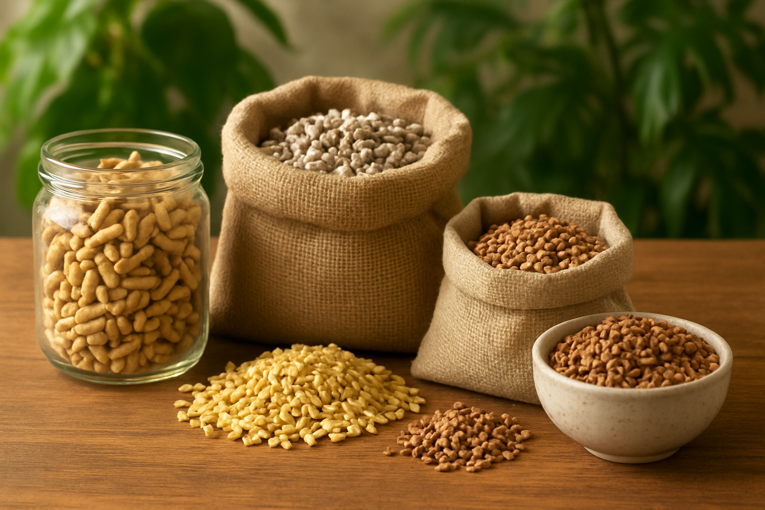 Create a realistic image of various eco-friendly cat litter materials displayed on a wooden surface, including bamboo pellets in a glass jar, recycled paper litter in a burlap sack, corn-based litter scattered in a small pile, wheat-based litter in a hemp bag, and walnut shell litter in a ceramic bowl, with green plants in the soft-lit background creating a natural, environmentally conscious atmosphere, shot in warm natural lighting with a clean, organized arrangement. Absolutely NO text should be in the scene.