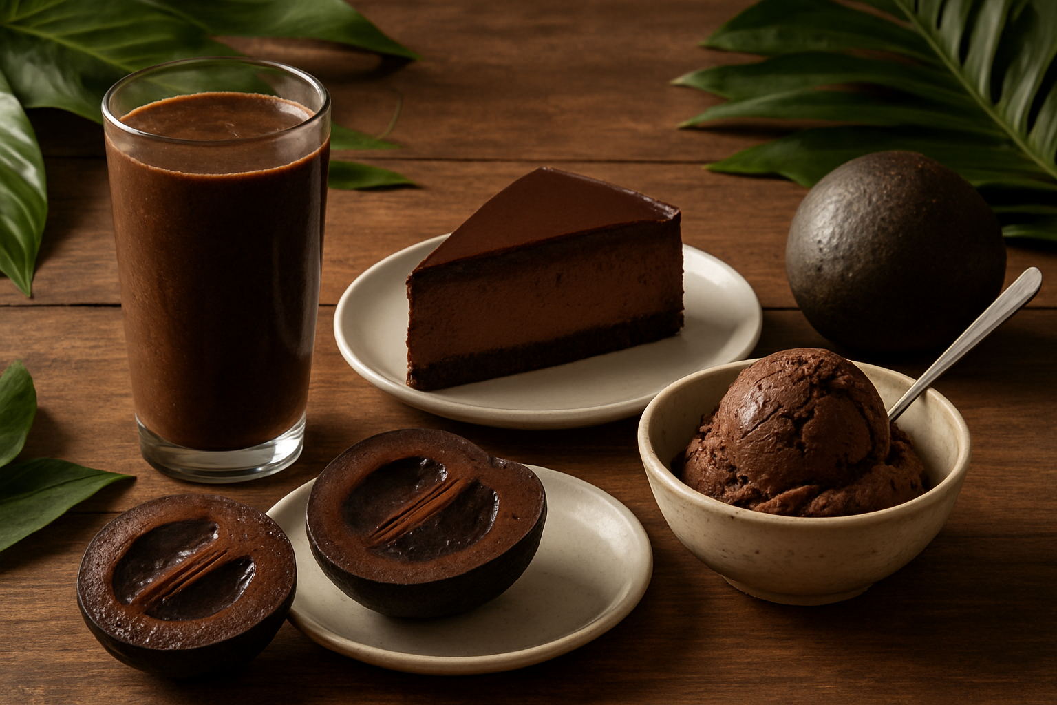 Create a realistic image of various delicious black sapote preparations arranged on a rustic wooden table, including a fresh black sapote smoothie in a tall glass, a slice of black sapote chocolate mousse cake on a white plate, a bowl of black sapote ice cream with a spoon, and fresh cut black sapote fruit showing its dark chocolate-colored flesh, with natural daylight streaming from the side creating warm shadows, surrounded by tropical leaves as decoration, absolutely NO text should be in the scene.