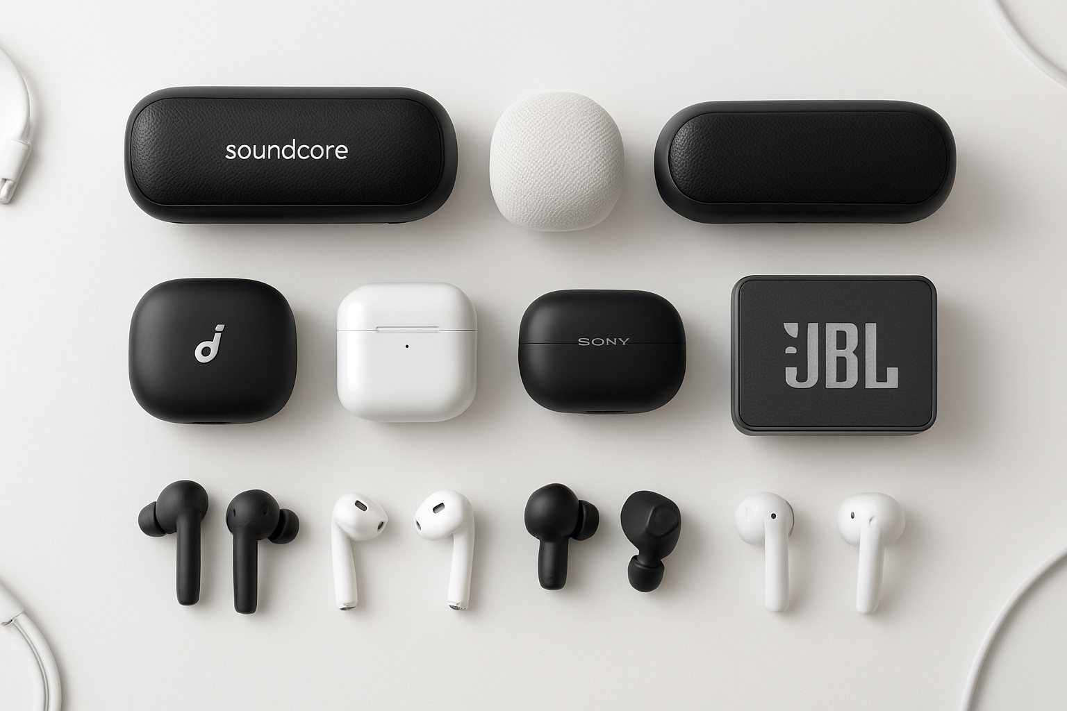 Create a realistic image of a clean white desk surface displaying multiple wireless earbuds and speakers from different brands arranged in a neat comparison layout, including Soundcore by Anker products alongside competitor audio devices like Apple AirPods, Sony headphones, and JBL speakers, with each product positioned at equal distances creating a professional product comparison setup, shot from above with bright even lighting casting minimal shadows, featuring a modern minimalist background with subtle tech accessories like charging cables discretely placed around the edges, conveying a professional product review atmosphere with crisp details showing the different design aesthetics and build quality of each brand, absolutely NO text should be in the scene.