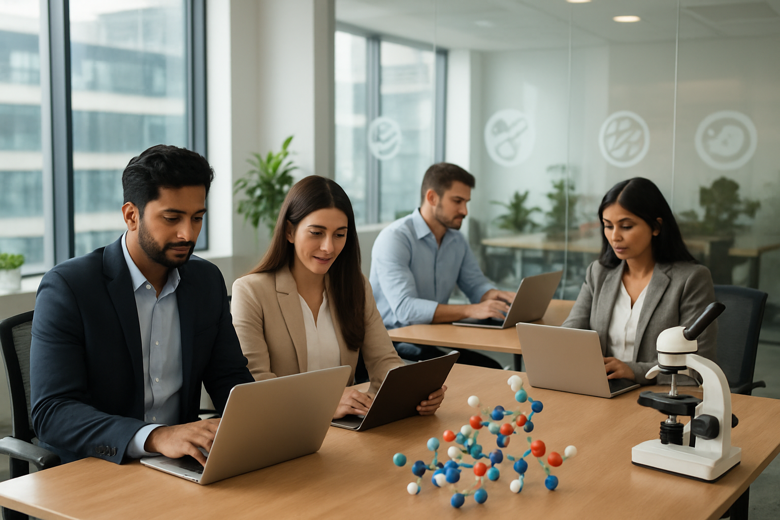 Create a realistic image of a modern corporate office environment showing diverse professionals including Indian male and female employees working on laptops and tablets with life sciences laboratory equipment like microscopes and molecular models visible on desks, featuring company logos on glass conference room walls in the background, bright natural lighting from large windows, clean contemporary workspace with plants and collaborative atmosphere, representing leading biotechnology and pharmaceutical companies recruiting remote talent, absolutely NO text should be in the scene.