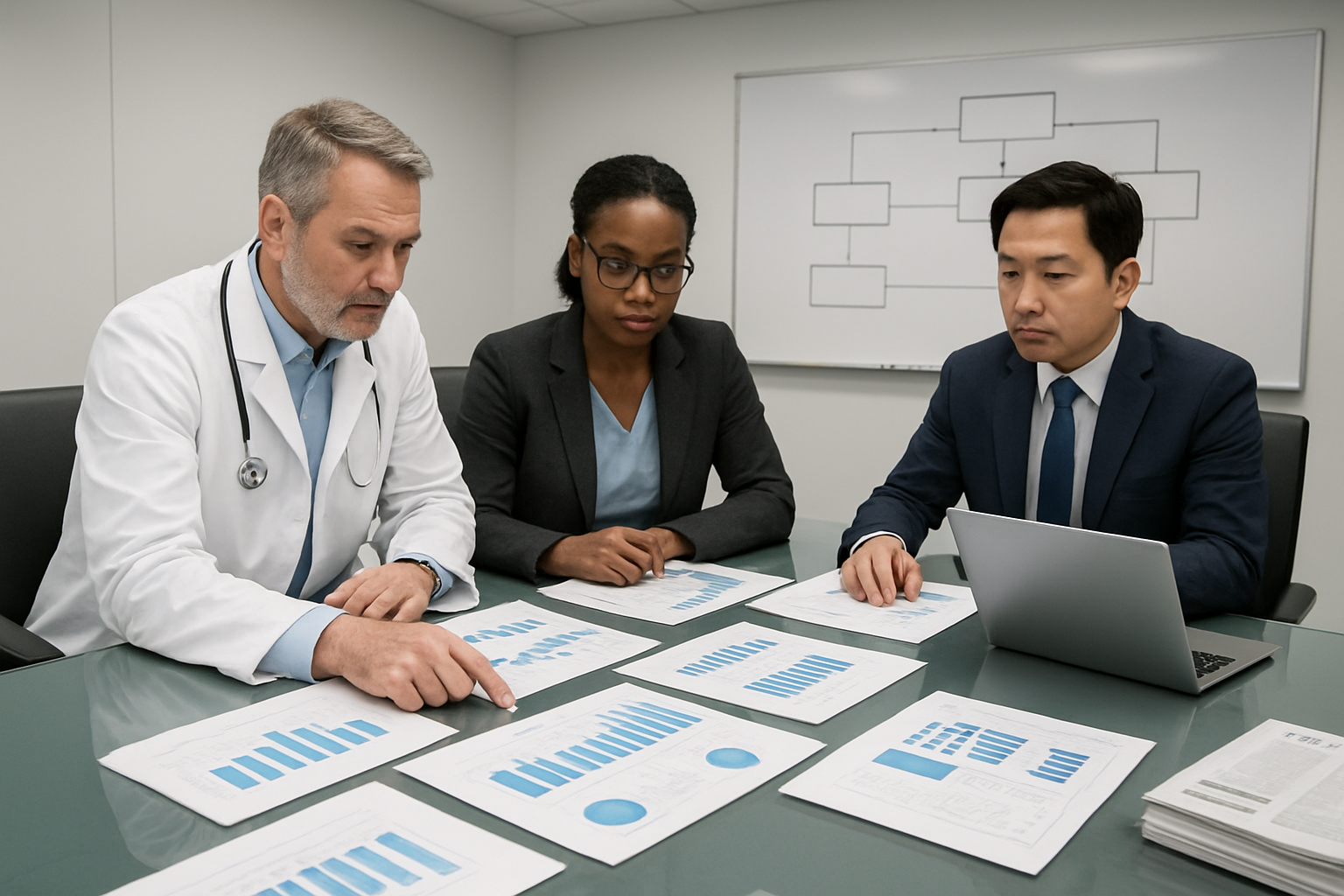Create a realistic image of a modern conference room with a large glass table where diverse medical professionals including a white male doctor in a lab coat, a black female researcher with glasses, and an Asian male administrator are reviewing hospital evaluation charts and medical data spread across the table, with laptops open displaying hospital statistics, a whiteboard in the background showing ranking criteria flowcharts, bright fluorescent lighting creating a professional atmosphere, and medical journals stacked nearby, all conveying a systematic methodology process for hospital assessment. Absolutely NO text should be in the scene.