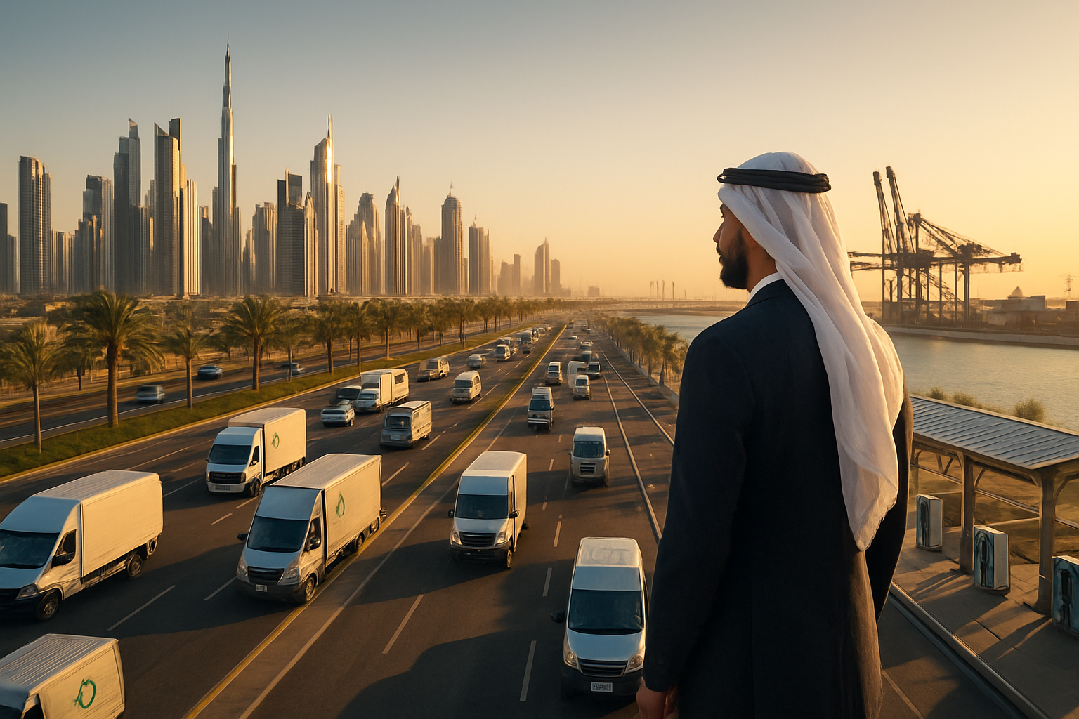 Create a realistic image of a modern Gulf cityscape at golden hour with gleaming skyscrapers in the background, featuring a busy multi-lane highway with electric trucks, delivery vans, and cargo vehicles displaying charging symbols on their sides, electric charging stations visible along the roadside with sleek solar panel canopies, a large modern port facility in the distance with electric cranes and container ships, palm trees lining the highway, clear blue skies with warm golden lighting casting long shadows, and a Middle Eastern male logistics manager in business attire observing the scene from an elevated viewing point, absolutely NO text should be in the scene.
