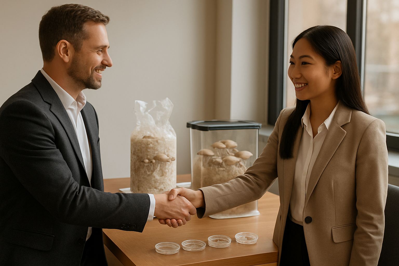 Create A Realistic Image Of A Professional Handshake Between A White Male Customer And An Asian Female Vendor Representative In A Modern Office Setting, With Mushroom Cultivation Equipment And Spore Samples Visible On A Desk In The Background, Warm Natural Lighting From A Window, Conveying Trust And Partnership In A Business Relationship, Absolutely No Text Should Be In The Scene.