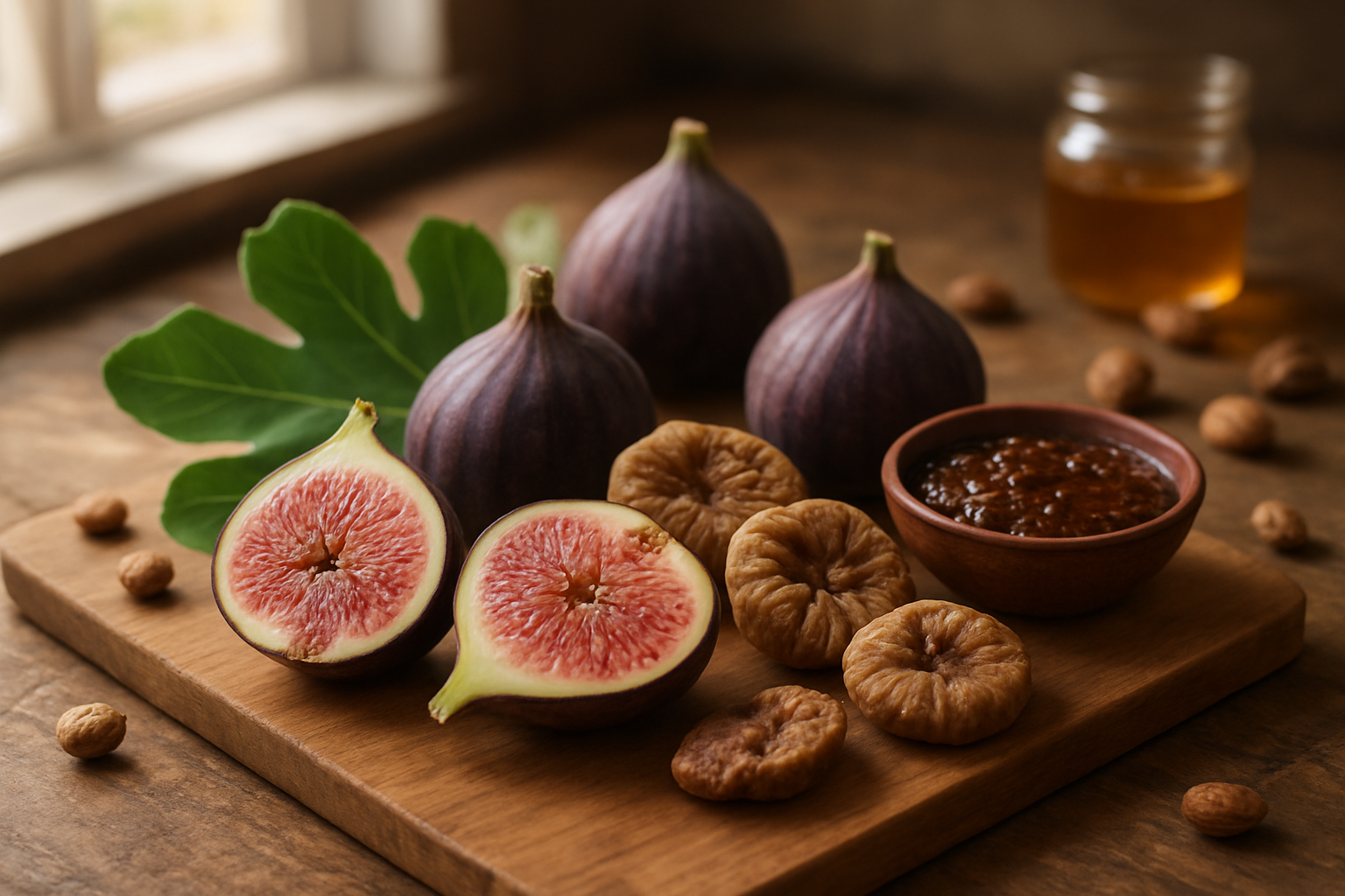 Create a realistic image of a beautifully arranged wooden cutting board featuring fresh whole and sliced figs displaying their pink interior and seeds, alongside dried figs, fig leaves, and a small bowl of fig jam, set on a rustic kitchen counter with soft natural lighting streaming from a window, creating warm shadows and highlighting the rich purple and green colors of the figs, with some scattered nuts and honey in the background to emphasize the nutritional and culinary aspects, shot from a slightly elevated angle to showcase the complete fig collection, absolutely NO text should be in the scene.
