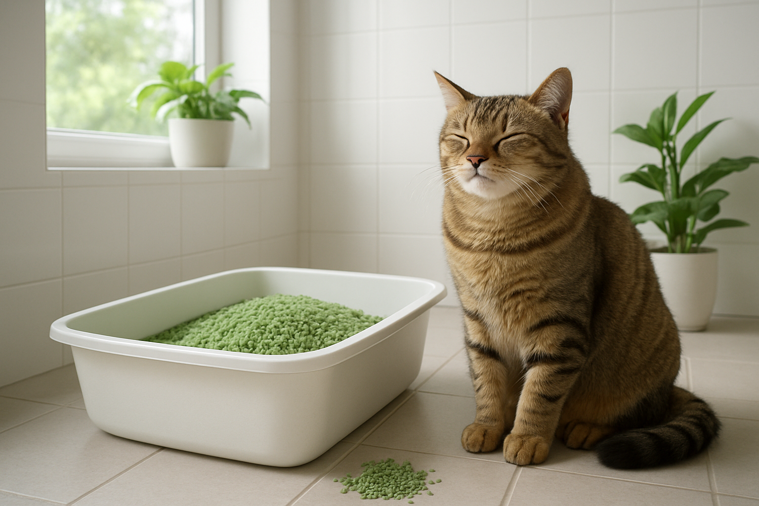 Create a realistic image of a content tabby cat sitting peacefully next to a clean, modern litter box filled with natural green eco-friendly litter made from recycled paper or corn, with a small pile of the green litter granules visible beside the box, set in a bright, clean bathroom with white tiles and natural lighting streaming through a window, conveying a sense of successful transition and harmony, with green plants visible in the background suggesting environmental consciousness, absolutely NO text should be in the scene.
