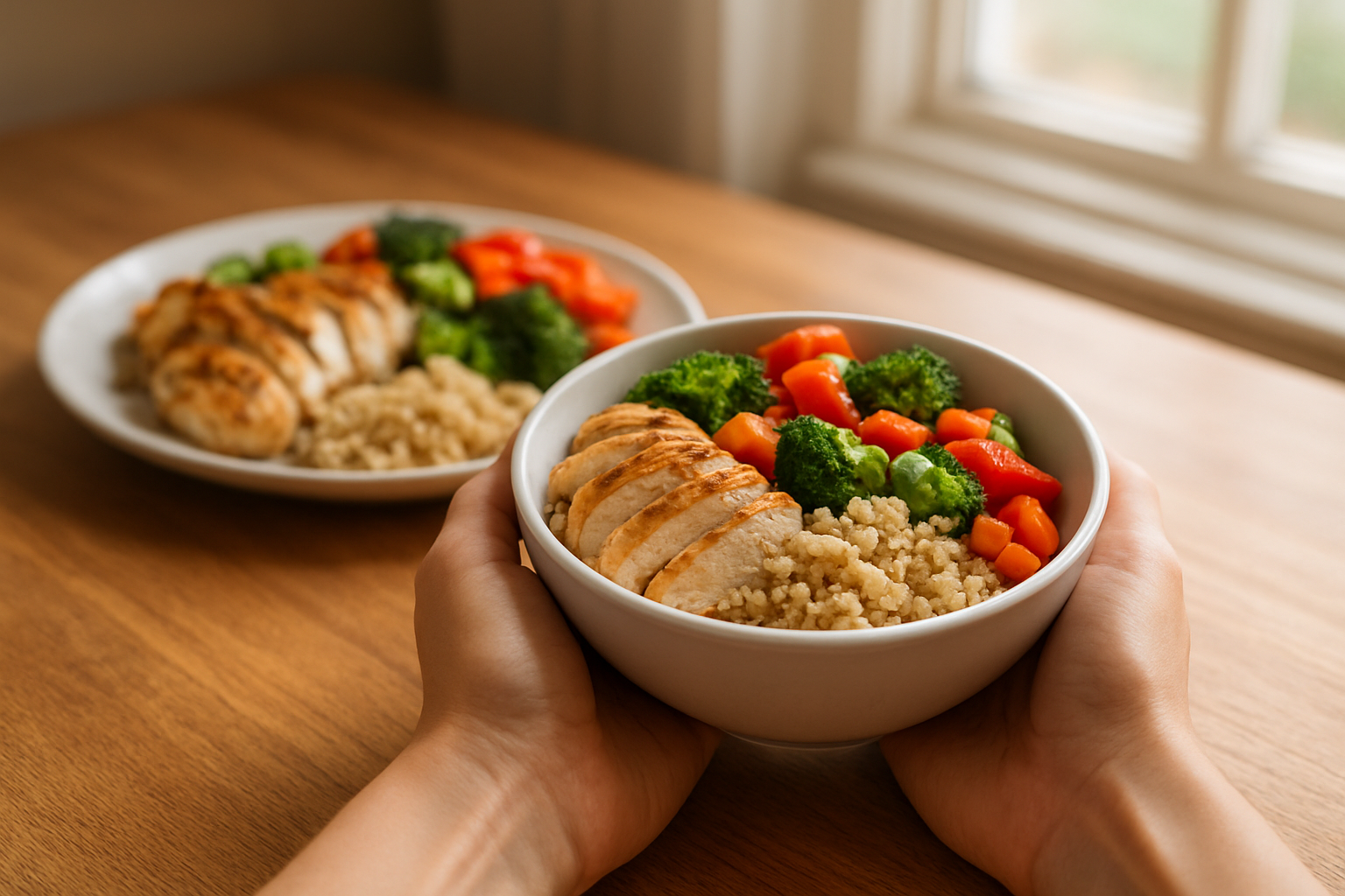 Create a realistic image of a white female's hands holding a small white ceramic bowl filled with a properly portioned healthy meal containing grilled chicken, quinoa, and colorful vegetables, with a larger serving plate in the background showing the same foods in excessive portions, set on a clean wooden kitchen table with natural daylight streaming through a window, creating a warm and educational atmosphere that demonstrates the contrast between appropriate and oversized food portions. Absolutely NO text should be in the scene.
