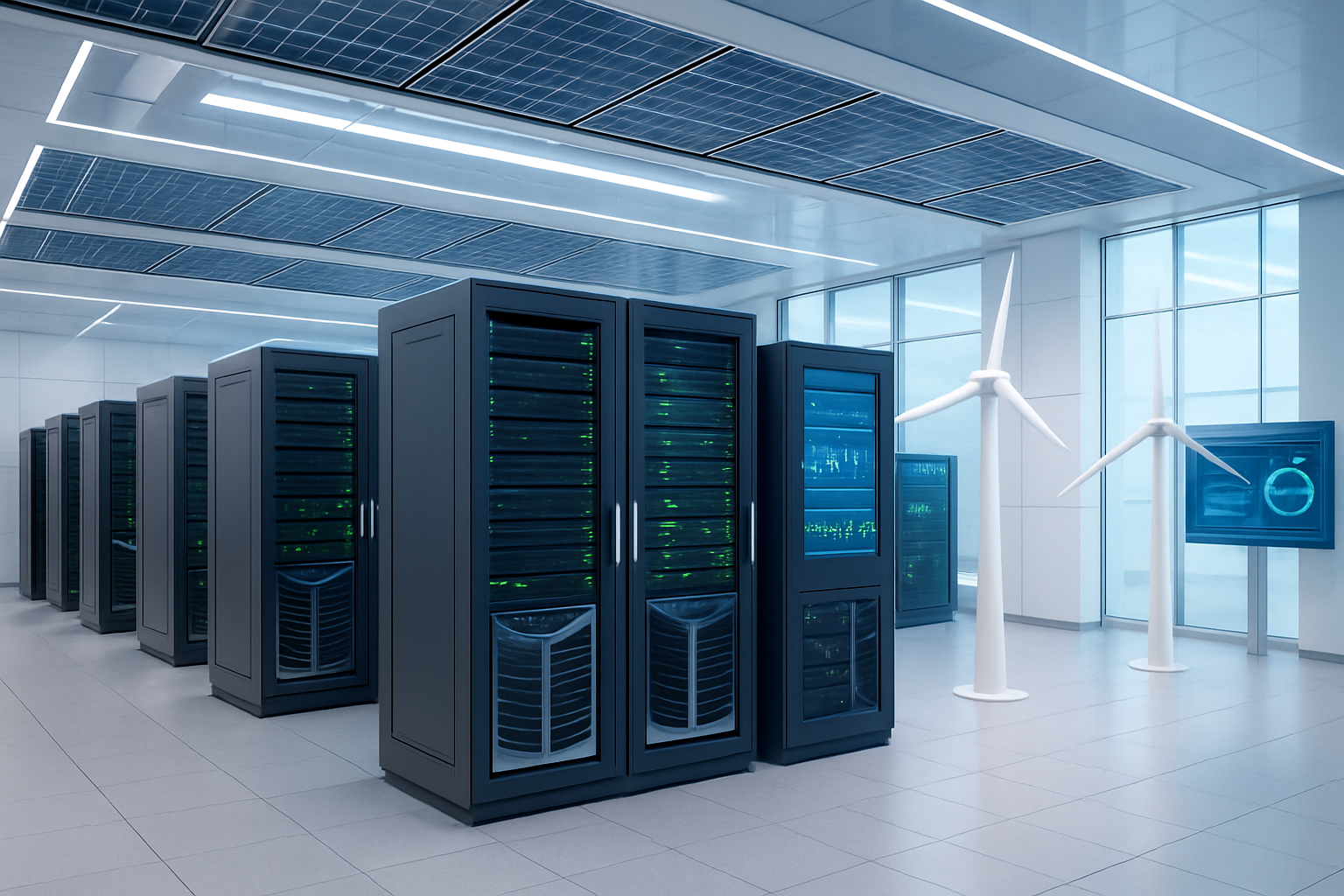 Create a realistic image of a modern data center featuring sustainable computing solutions with rows of servers equipped with advanced cooling systems, solar panels visible on the ceiling, LED indicator lights showing green energy usage, wind turbine models integrated into the facility design, energy-efficient server racks with visible airflow management systems, clean white and blue color scheme suggesting eco-friendly technology, bright ambient lighting highlighting the sustainable infrastructure, and monitoring displays showing energy consumption metrics, set against a backdrop of sleek modern architecture with glass panels, conveying an innovative and environmentally conscious atmosphere. Absolutely NO text should be in the scene.
