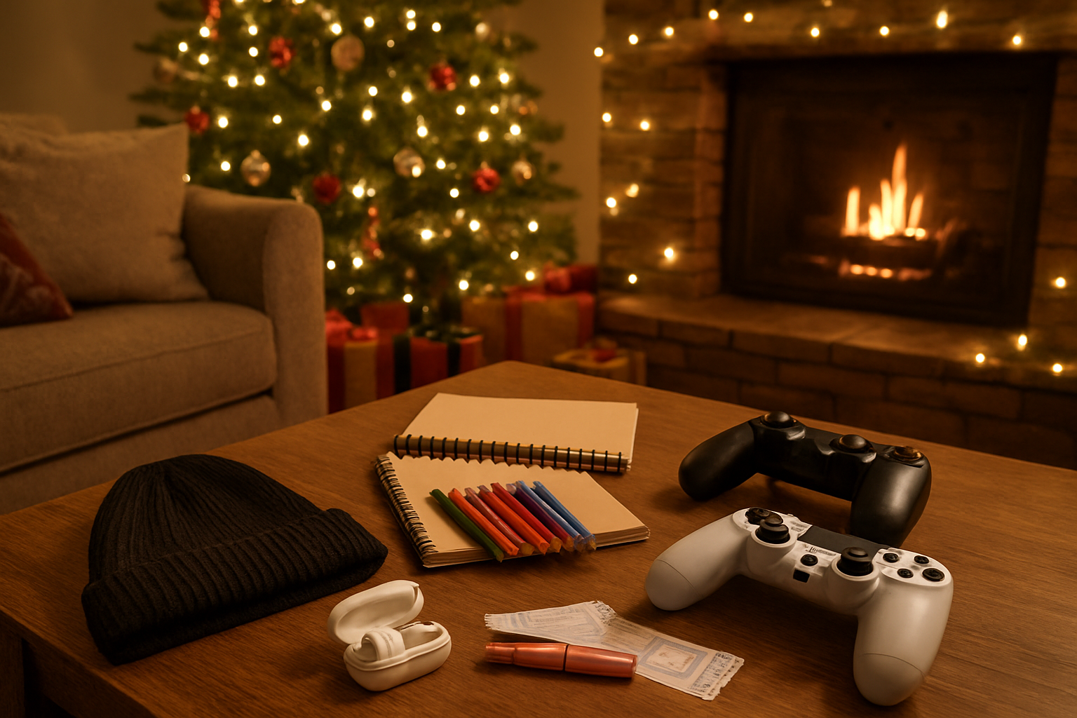 Create a realistic image of a cozy holiday living room scene with a decorated Christmas tree in the background, featuring a diverse collection of teenage gifts artfully arranged on a wooden coffee table including wireless earbuds, art supplies like sketchbooks and colored pencils, trendy accessories like a beanie and lip gloss, gaming controllers, and concert tickets scattered among the items, with warm golden lighting from string lights and a fireplace creating a festive atmosphere, wrapped presents with colorful ribbons placed around the base of the tree, and a comfortable couch with holiday throw pillows visible in the scene, absolutely NO text should be in the scene.