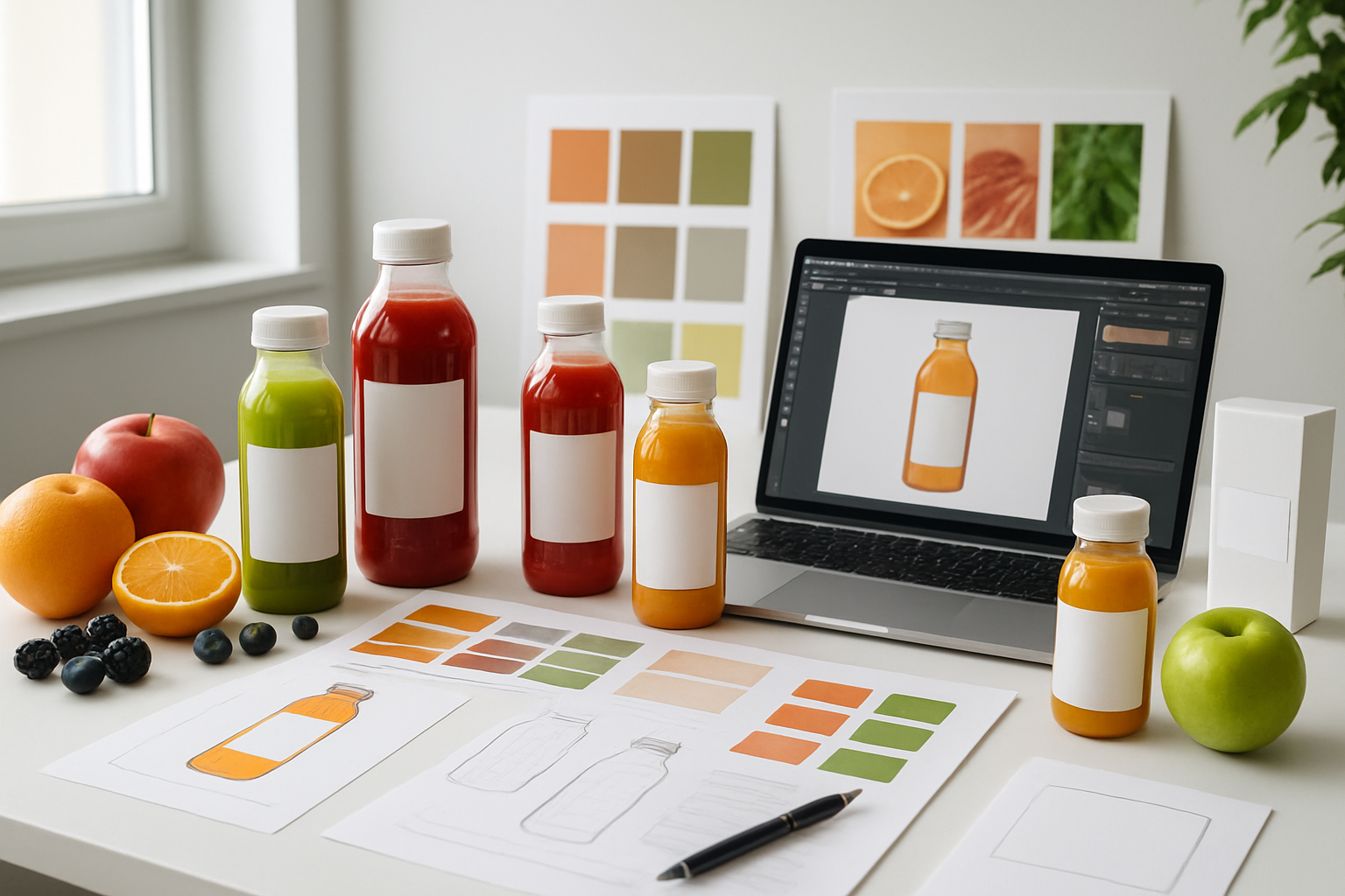 Create a realistic image of a clean, modern workspace showing fruit juice brand development materials including colorful juice bottles with blank labels in various sizes, design sketches and color swatches spread across a white desk, fresh fruits like oranges, apples, and berries artfully arranged nearby, a laptop computer open to design software, brand mood boards with natural color palettes, product packaging prototypes, and branding materials in a bright, professional office setting with natural lighting from a window, absolutely NO text should be in the scene.