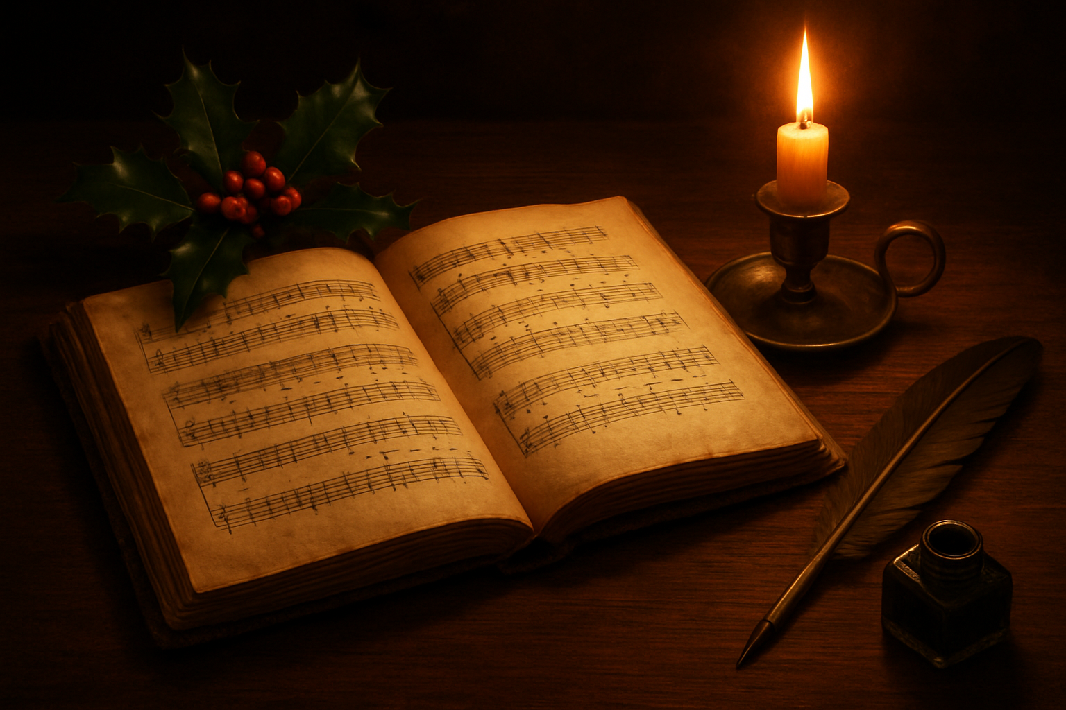 Create a realistic image of an open vintage music book with handwritten Christmas carol sheet music visible on aged parchment pages, surrounded by classic Christmas symbols including holly leaves with red berries, a flickering candle in an antique brass holder casting warm golden light, and a quill pen resting beside an inkwell, all arranged on a dark wooden table surface with soft shadows and warm ambient lighting creating a cozy, scholarly atmosphere that evokes the historical study of traditional Christmas music, absolutely NO text should be in the scene.