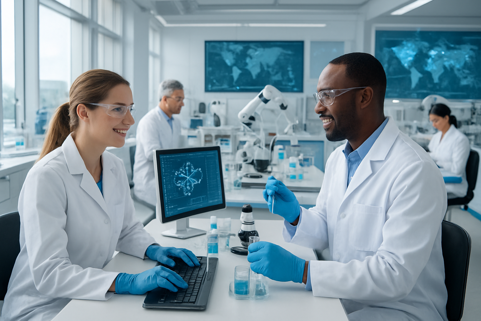 Create a realistic image of a modern pharmaceutical laboratory with a bright, optimistic atmosphere where diverse scientists including a white female researcher and a black male scientist are working collaboratively at high-tech workstations with advanced equipment, digital screens displaying molecular structures and data analytics, robotic automation systems in the background, gleaming white and blue laboratory surfaces with natural lighting streaming through large windows, conveying innovation and breakthrough success in biotechnology, with elements suggesting global connectivity like world map projections and network visualizations on wall displays, absolutely NO text should be in the scene.