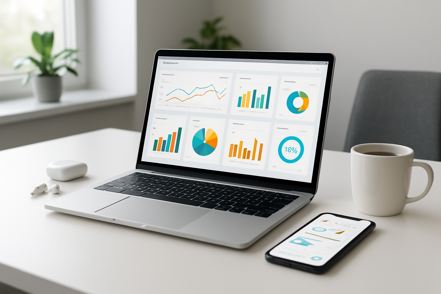 Create a realistic image of a modern computer workstation showing a sleek laptop displaying a professional e-commerce dashboard interface with colorful charts, graphs, and analytics widgets on the screen, placed on a clean white desk with a smartphone beside it also showing mobile interface elements, soft natural lighting from a window creating a bright productive atmosphere, with subtle tech accessories like wireless earbuds and a coffee cup nearby, featuring a minimalist contemporary office background with plants, emphasizing digital commerce and platform management themes, absolutely NO text should be in the scene.