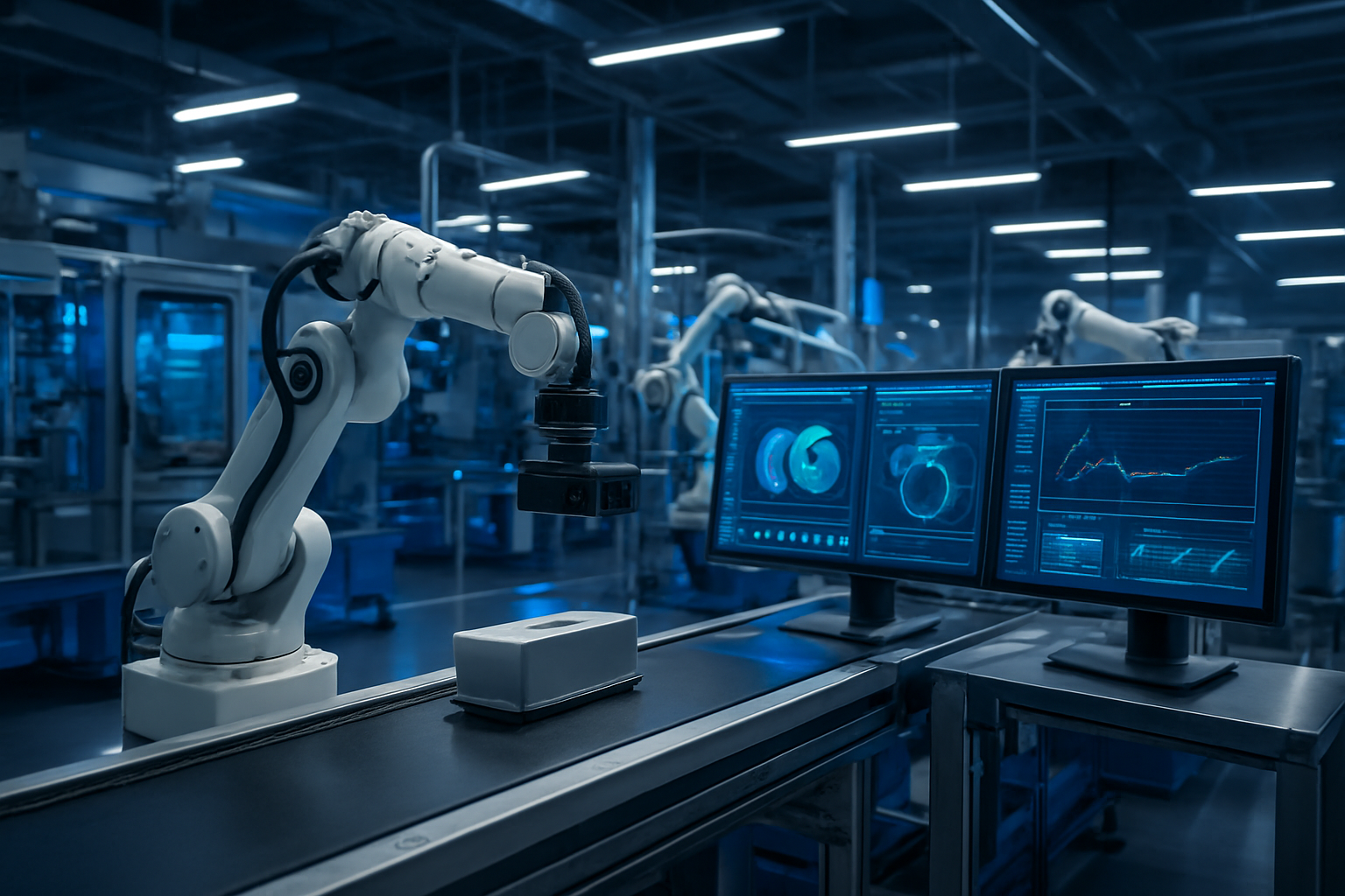 Create a realistic image of an advanced manufacturing facility showcasing AI-powered quality control inspection systems with automated robotic arms equipped with high-resolution cameras and sensors scanning products on a conveyor belt, multiple computer monitors displaying real-time analysis data and defect detection results, precision machinery and industrial equipment in the background, modern clean factory environment with bright LED lighting, sleek metallic surfaces and blue accent lighting creating a high-tech atmosphere, absolutely NO text should be in the scene.
