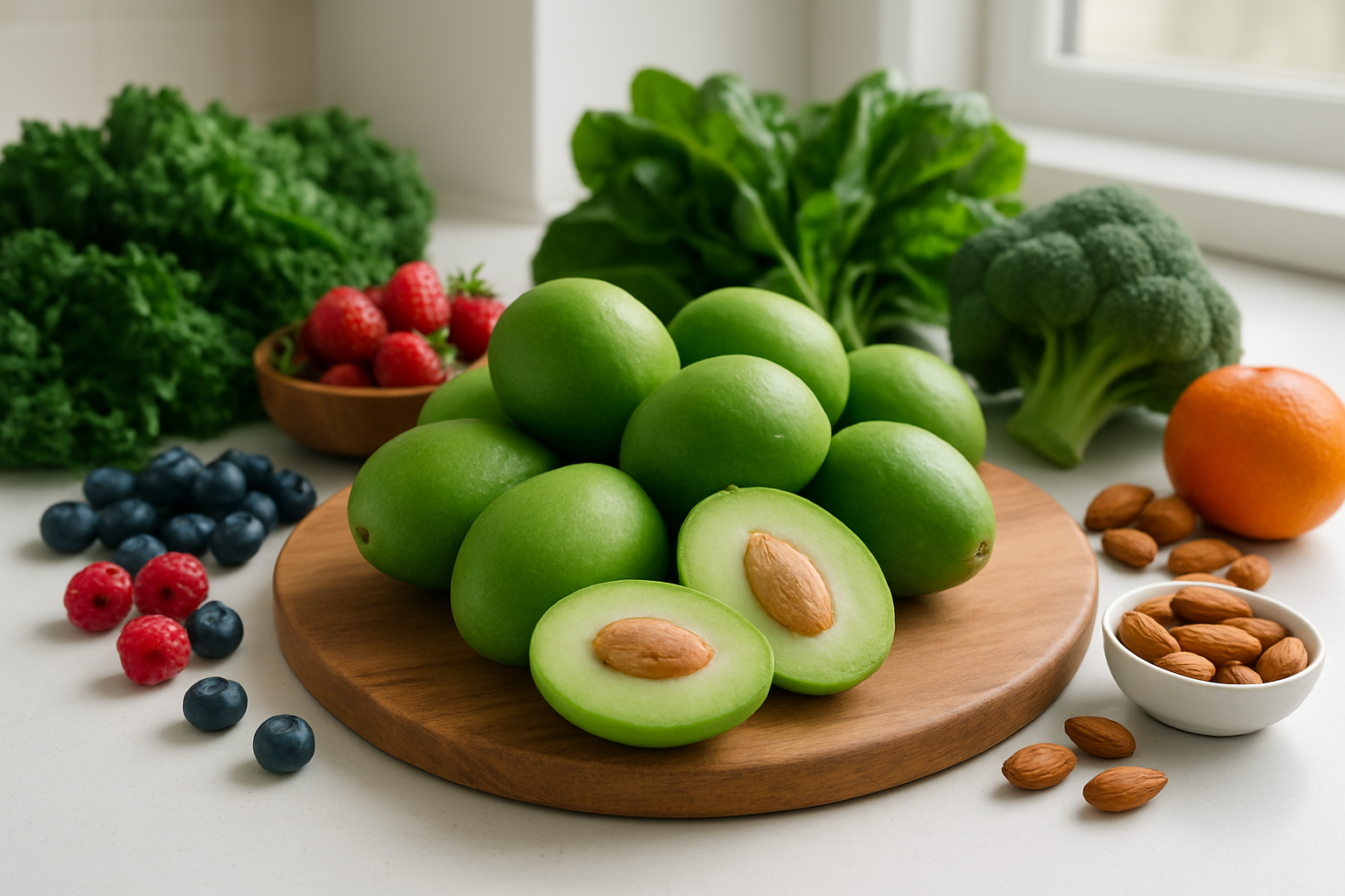 Create a realistic image of fresh ambarella fruits arranged on a wooden cutting board with some cut in half to show the interior, surrounded by vibrant green leafy vegetables, colorful berries, nuts, and other healthy foods, set against a clean white kitchen counter background with soft natural lighting from a nearby window, creating a fresh and wholesome atmosphere that emphasizes nutrition and health benefits, absolutely NO text should be in the scene.