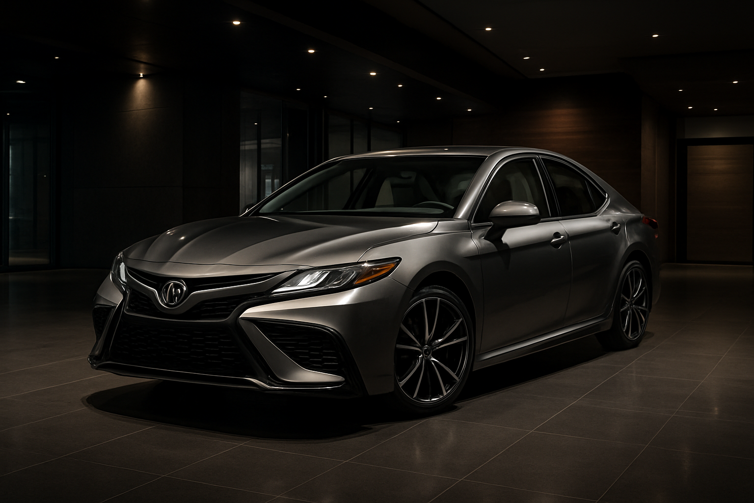 Create a realistic image of a 2025 Toyota Camry XSE in a sleek metallic color parked in an upscale modern showroom with dramatic ambient lighting highlighting the vehicle's premium exterior design features including the sporty front grille, LED headlights, and distinctive wheel design, with the interior visible through the windows showcasing luxurious materials and advanced dashboard technology, surrounded by a sophisticated dealership environment with polished floors and contemporary architectural elements that emphasize the premium nature of the XSE trim level. Absolutely NO text should be in the scene.