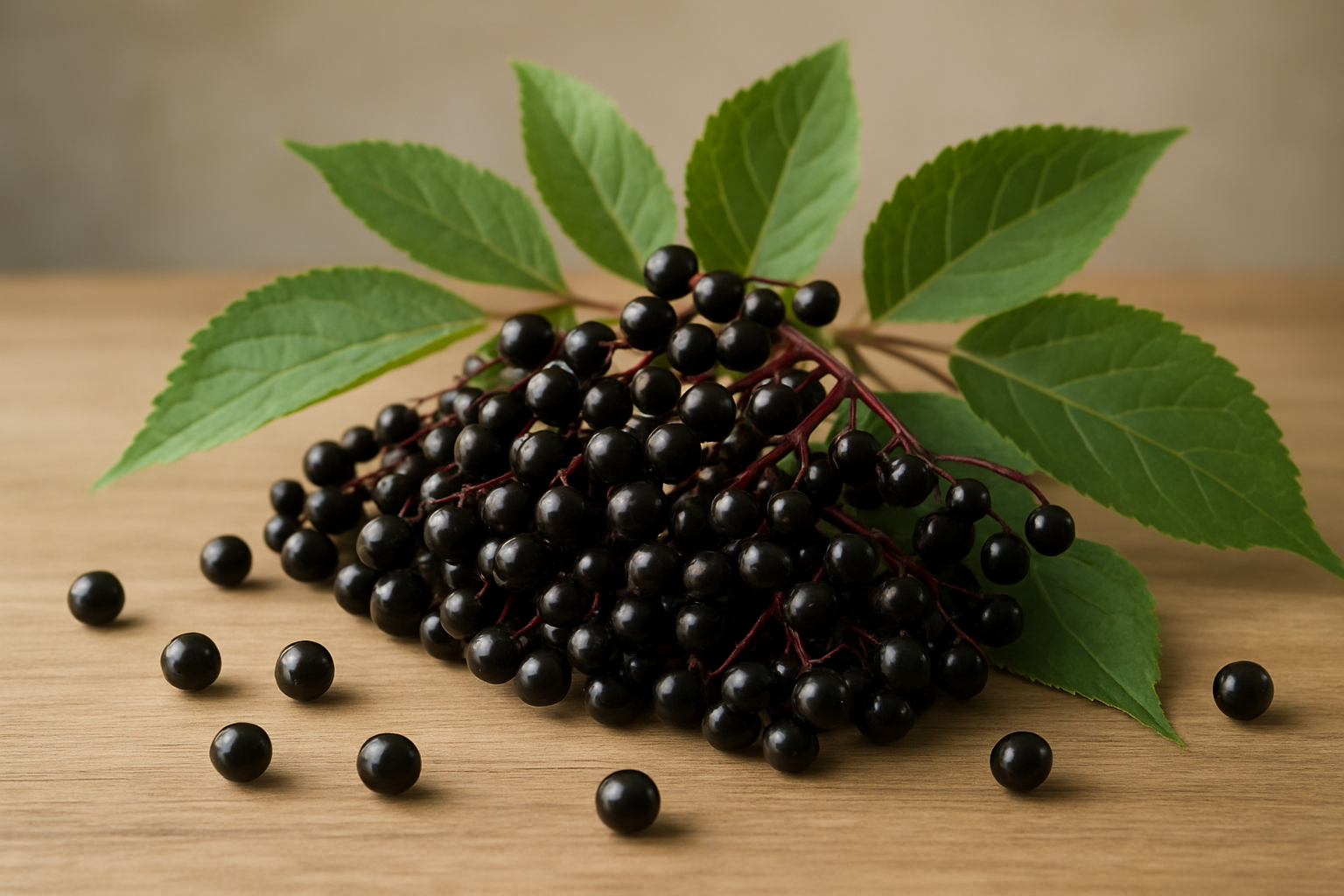 Create a realistic image of fresh elderberries in their natural state, showing dark purple-black berries clustered on reddish stems, alongside elderberry leaves with their distinctive serrated edges, arranged on a clean wooden surface with soft natural lighting, some berries scattered individually to show their small round shape and deep color, creating an educational and informative mood that highlights the botanical characteristics of elderberries, with a blurred neutral background that emphasizes the fruit and foliage details, absolutely NO text should be in the scene.