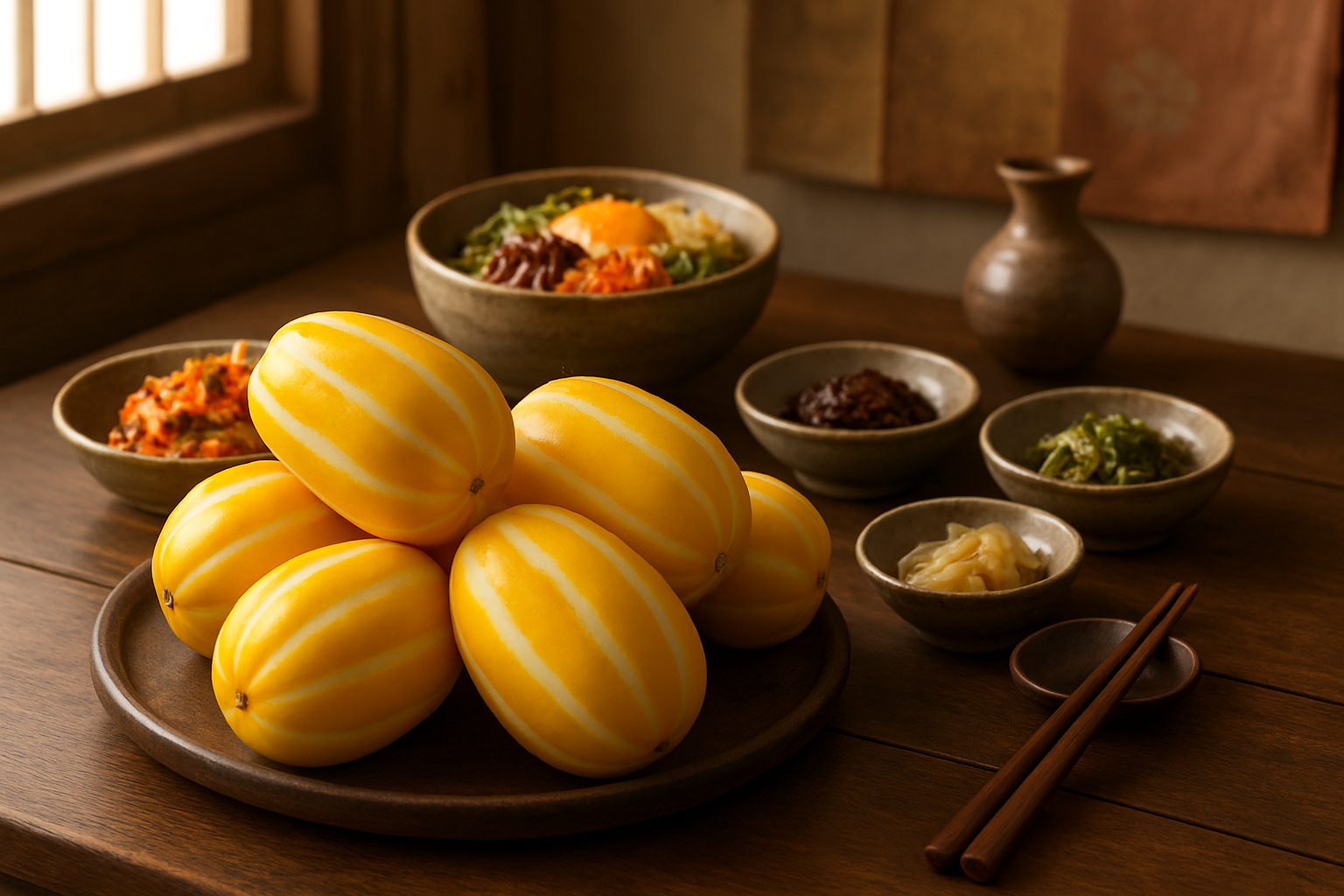 Create a realistic image of Korean melons arranged on a traditional wooden table alongside classic Korean dishes including kimchi, bibimbap, and banchan side dishes, with traditional Korean ceramic bowls and chopsticks, set in a warm Korean home kitchen with natural lighting streaming through a window, featuring traditional Korean decorative elements like hanbok fabric patterns or Korean pottery in the background, capturing the essence of Korean culinary culture and the melon's role in traditional meals, absolutely NO text should be in the scene.