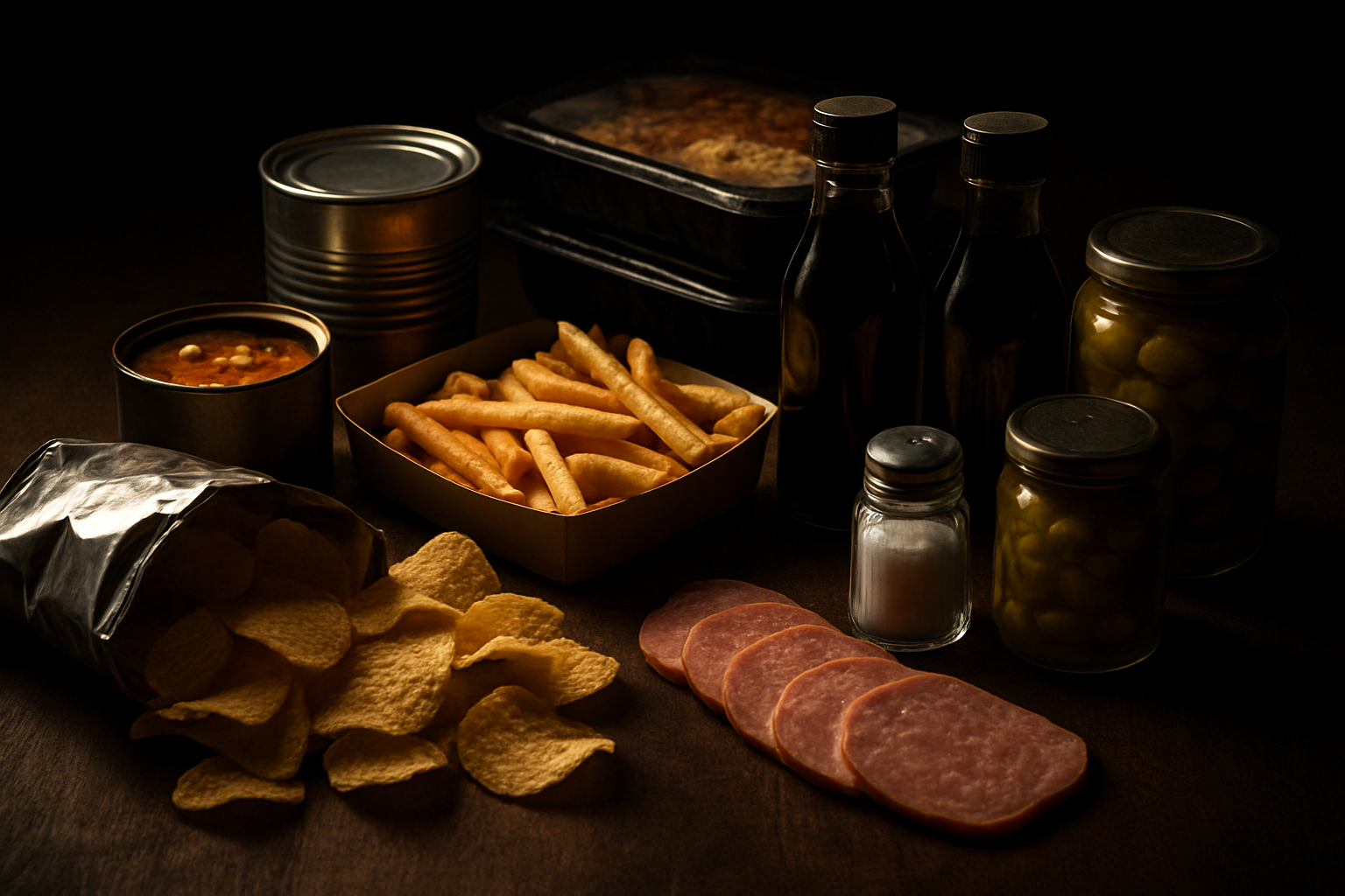 Alimentos processados dispostos sobre superfície de madeira escura, com batatas fritas douradas transbordando de saco de alumínio, fatias de carne processada, saleiro cheio de grânulos brancos e itens enlatados, ilustrando desafios comuns ao comer sem sal.