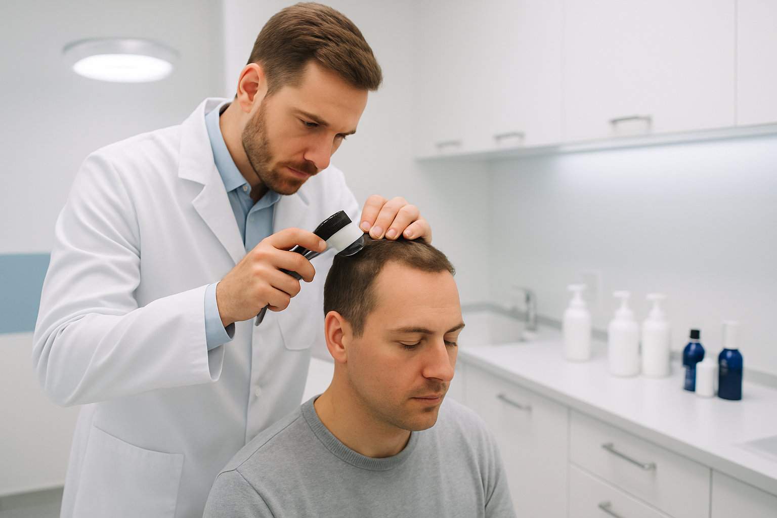 Create a realistic image of a modern dermatology clinic treatment room with a professional dermatologist examining a patient's scalp, featuring a white male doctor in a white coat using a dermatoscope to examine the scalp of a seated patient, with medical equipment visible on a clean counter including bottles of medicated shampoos and scalp treatments, bright clinical lighting, sterile white and blue color scheme, professional medical atmosphere, absolutely NO text should be in the scene.