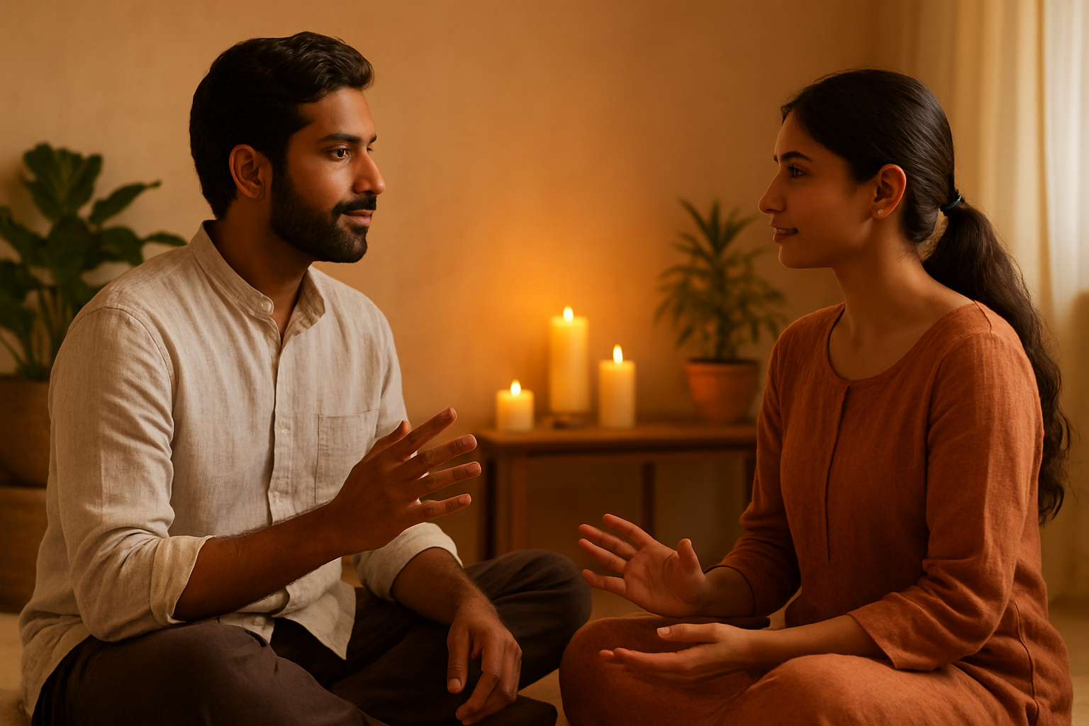 செவ்வாய் Create a realistic image of two South Asian people, a male and female, sitting facing each other in a peaceful indoor setting with warm golden lighting, engaged in calm conversation with gentle hand gestures, surrounded by soft ambient elements like candles and plants, depicting harmonious communication and balanced energy exchange in relationships, with a serene and positive mood, absolutely NO text should be in the scene.