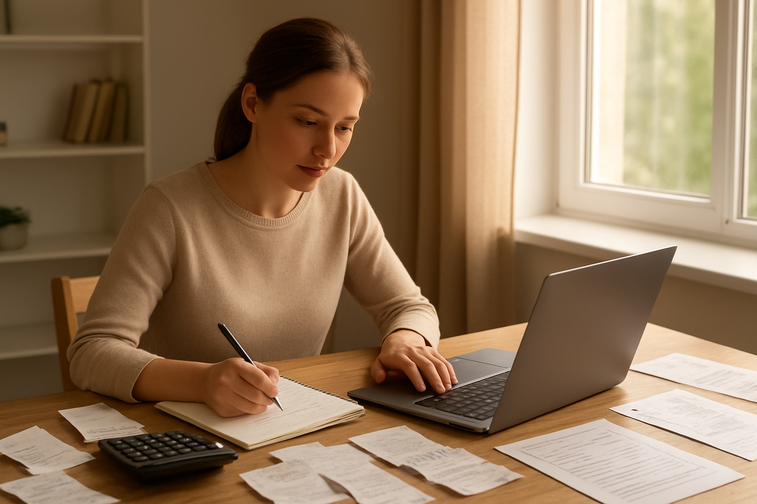 Create a realistic image of a white female sitting at a clean wooden desk with a laptop open, calculator, pen, and notebook with budget categories written down, surrounded by organized financial documents and receipts, with a calm and focused expression as she works through budget calculations, warm natural lighting from a nearby window creating a productive home office atmosphere, showing the methodical process of budget planning. Absolutely NO text should be in the scene.