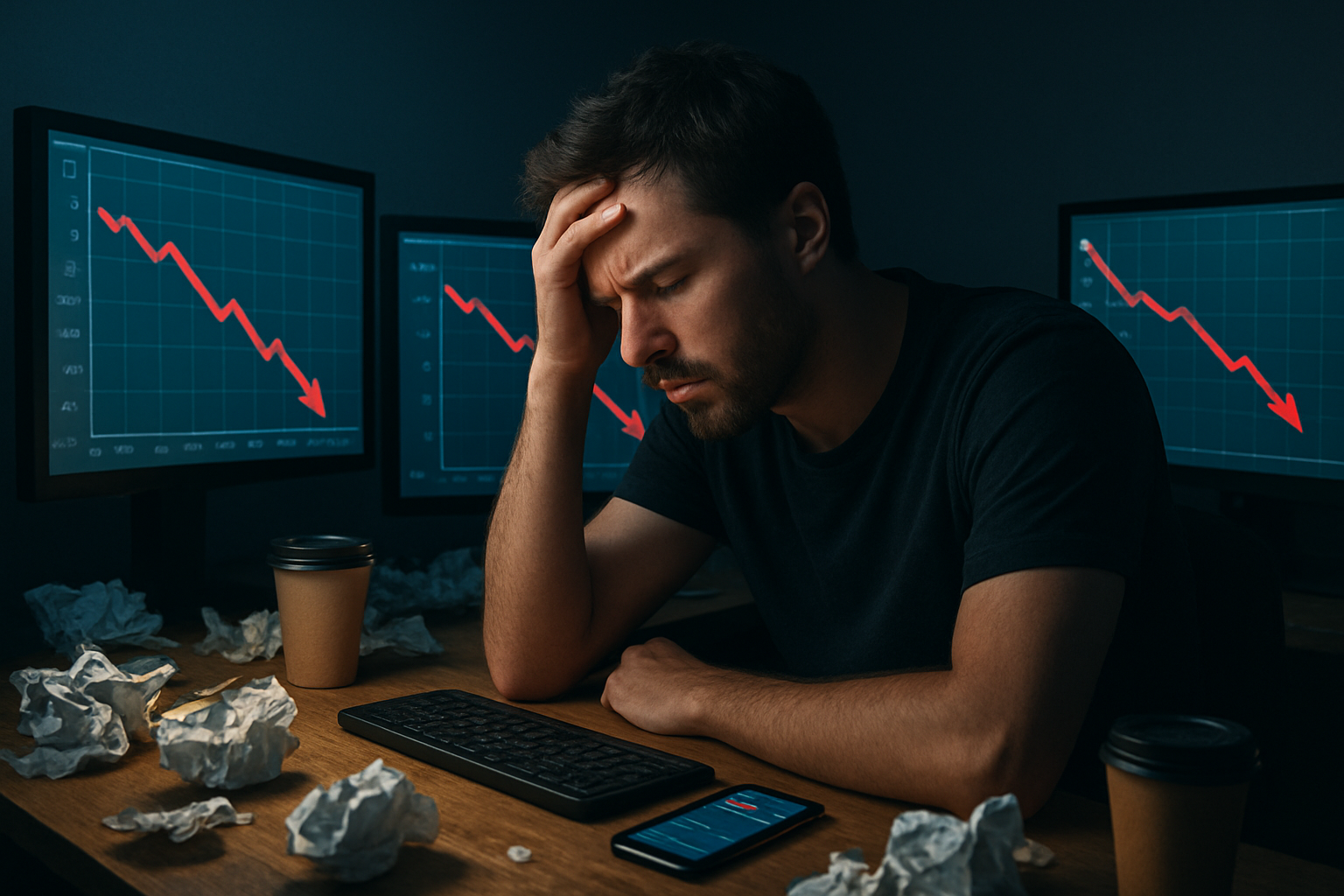 Create a realistic image of a frustrated content creator sitting at a messy desk with multiple computer monitors showing declining YouTube analytics graphs with red downward arrows, surrounded by crumpled papers and empty coffee cups, with a smartphone displaying low view counts, dimly lit room with harsh blue screen glow creating a somber mood, absolutely NO text should be in the scene.