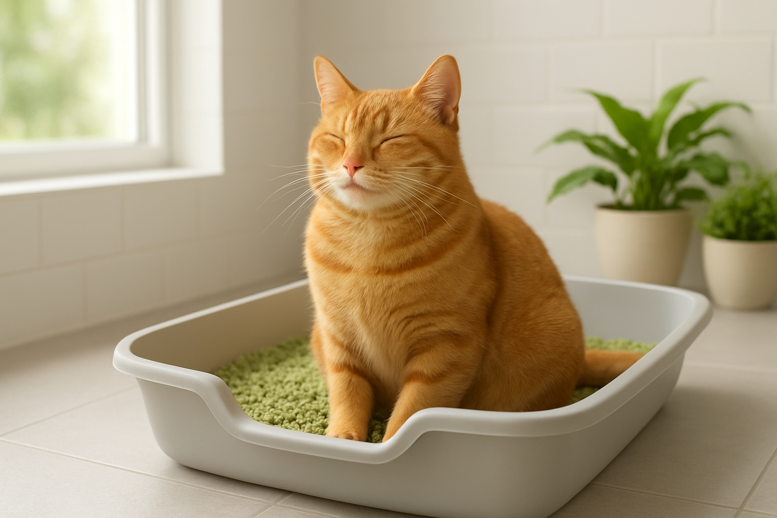 Create a realistic image of a healthy, content orange tabby cat sitting comfortably in a clean, modern litter box filled with natural green-colored eco-friendly litter, the cat appears relaxed and satisfied, surrounded by a bright, clean bathroom setting with white tiles and natural lighting from a window, featuring some green plants in the background to emphasize the natural, healthy environment, the scene conveys comfort and wellness with soft, warm lighting that highlights the cat's shiny, healthy fur and peaceful expression, absolutely NO text should be in the scene.