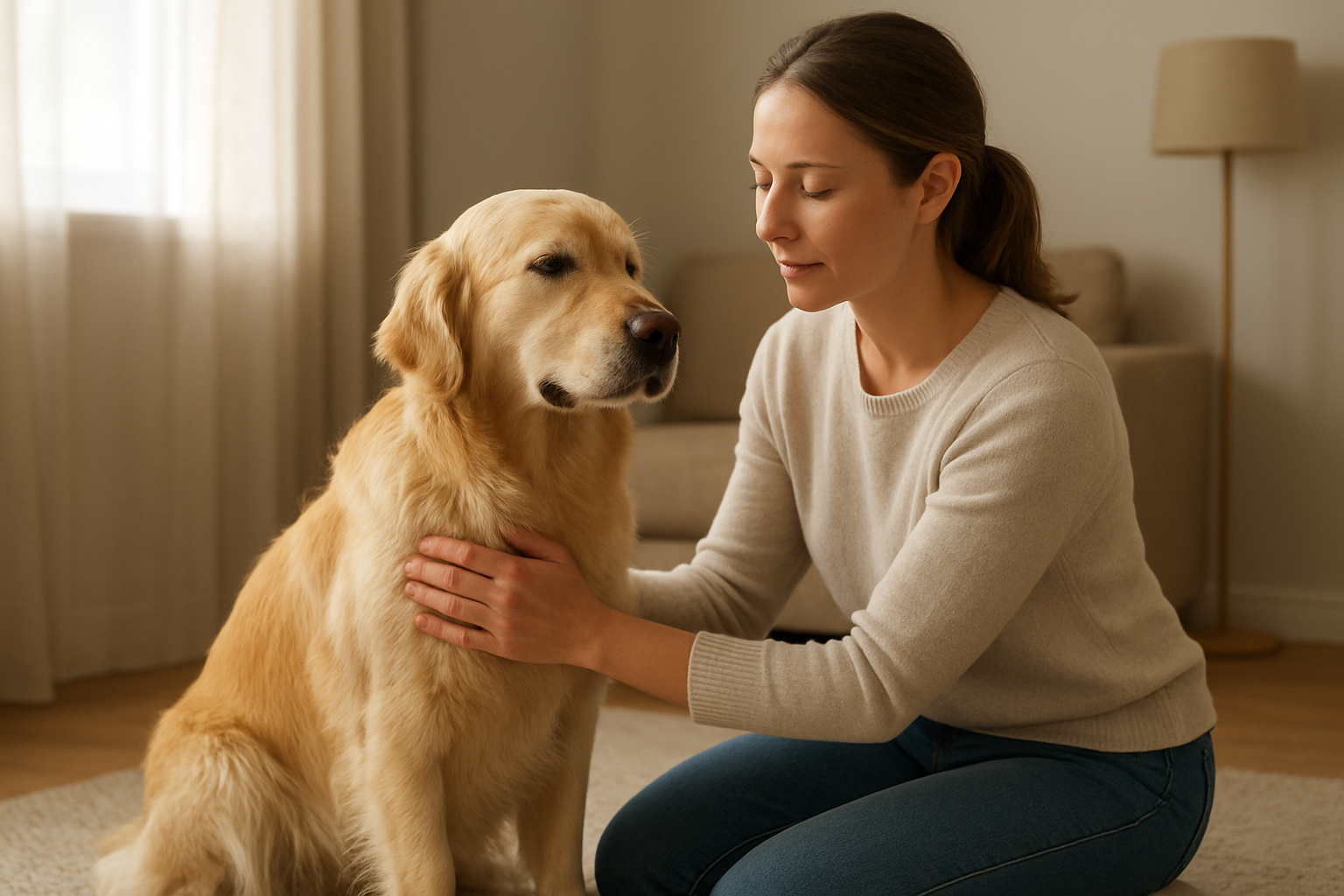 Create a realistic image of a calm white female dog owner kneeling beside her medium-sized golden retriever dog, gently placing her hands on the dog's chest and shoulders in a soothing manner, the dog appears relaxed with eyes partially closed, set in a quiet living room with soft natural lighting from a nearby window, warm and peaceful atmosphere, showing the physical calming technique being applied, absolutely NO text should be in the scene.