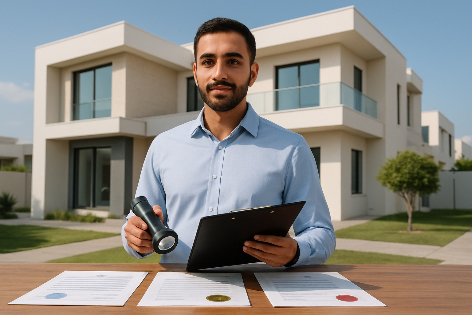 Create a realistic image of a Middle Eastern male professional home inspector in his 30s wearing a business shirt and carrying a clipboard and flashlight, standing in front of a modern UAE residential villa, with official certification documents and licenses displayed on a wooden desk in the foreground, bright daylight illuminating the scene with a clean and professional atmosphere, absolutely NO text should be in the scene.