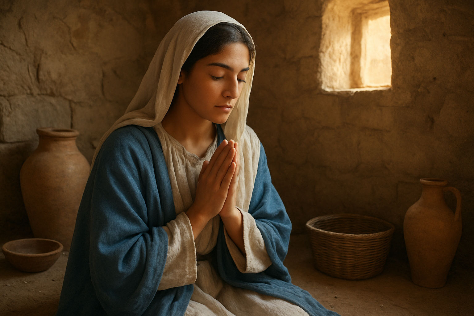 Create a realistic image of a young Middle Eastern woman in biblical-era clothing, wearing a blue and white robe with a head covering, sitting peacefully in a humble stone dwelling with soft natural lighting filtering through a small window, her hands folded in prayer with a serene and contemplative expression showing humility and faith, surrounded by simple pottery and woven baskets, with warm golden lighting creating a sacred and reverent atmosphere. Absolutely NO text should be in the scene.