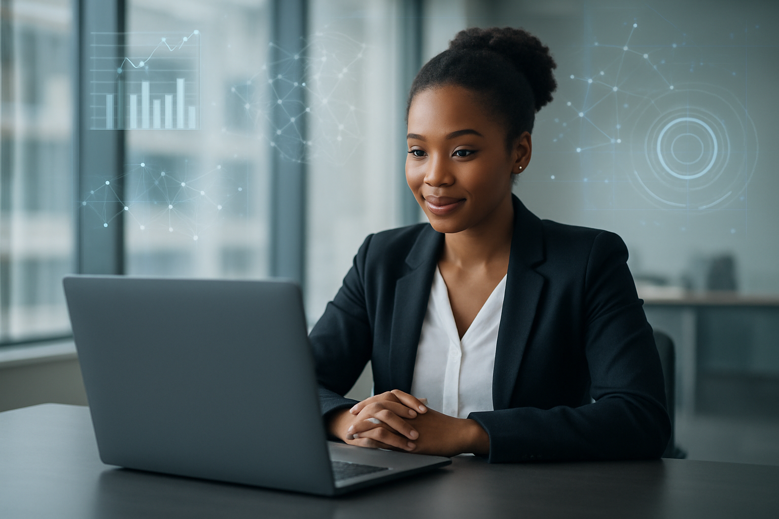 Create a realistic image of a modern corporate office setting showing a black female job candidate sitting at a sleek desk facing a laptop computer with its camera active, indicating a video interview in progress, while in the background there are subtle visual elements suggesting AI technology such as floating data visualization graphics and neural network patterns overlaying the scene, with soft natural lighting from large windows creating a professional atmosphere, and the overall mood conveying innovation and technological advancement in recruitment processes, absolutely NO text should be in the scene.