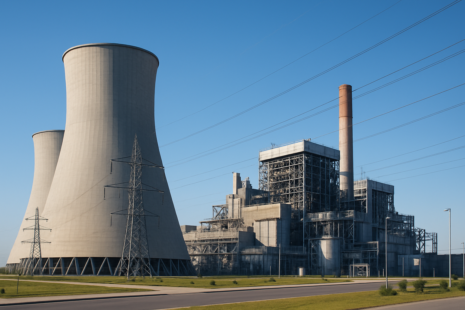 Create a realistic image of a modern power plant facility with large cooling towers and transmission lines against a clear blue sky, featuring the distinctive industrial architecture of an electricity generation complex with concrete structures, steel frameworks, and electrical infrastructure, set in a clean industrial environment with well-maintained grounds and professional lighting that emphasizes the scale and importance of the energy infrastructure, absolutely NO text should be in the scene.