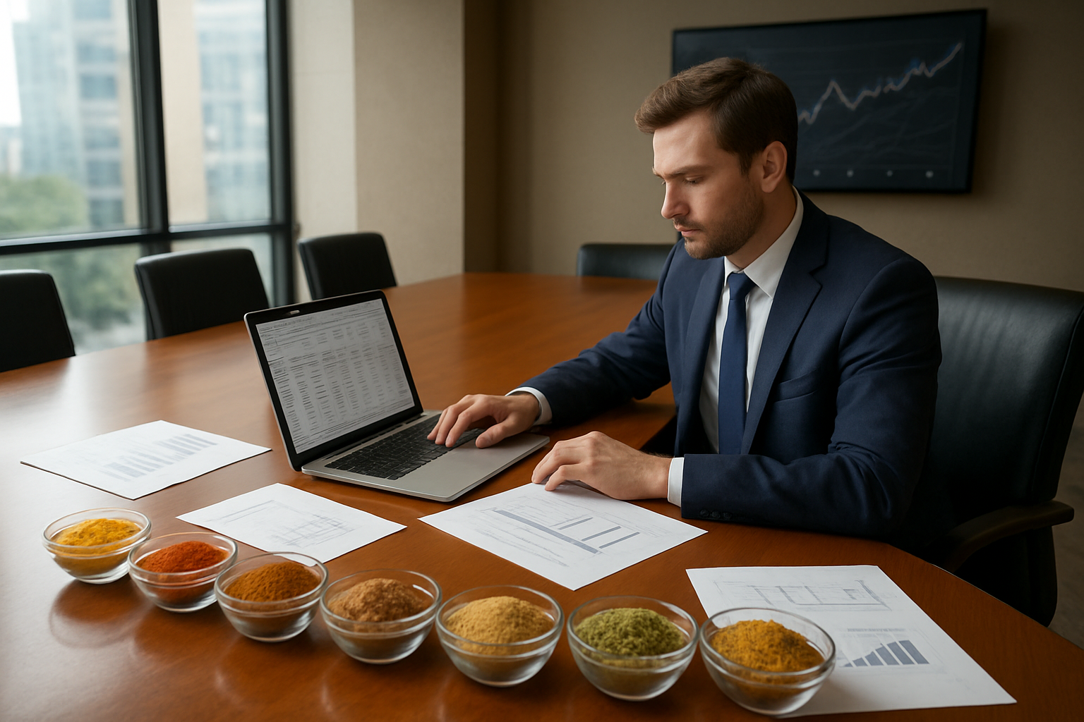 Create a realistic image of a modern business meeting room with a polished wooden conference table displaying colorful Indian spices in small glass bowls, profit margin charts and procurement documents spread across the table, a white male business executive in a navy suit analyzing cost breakdown spreadsheets on a laptop, warm natural lighting from large windows, professional corporate atmosphere with a subtle background of spice trading graphs on a wall-mounted screen, absolutely NO text should be in the scene.