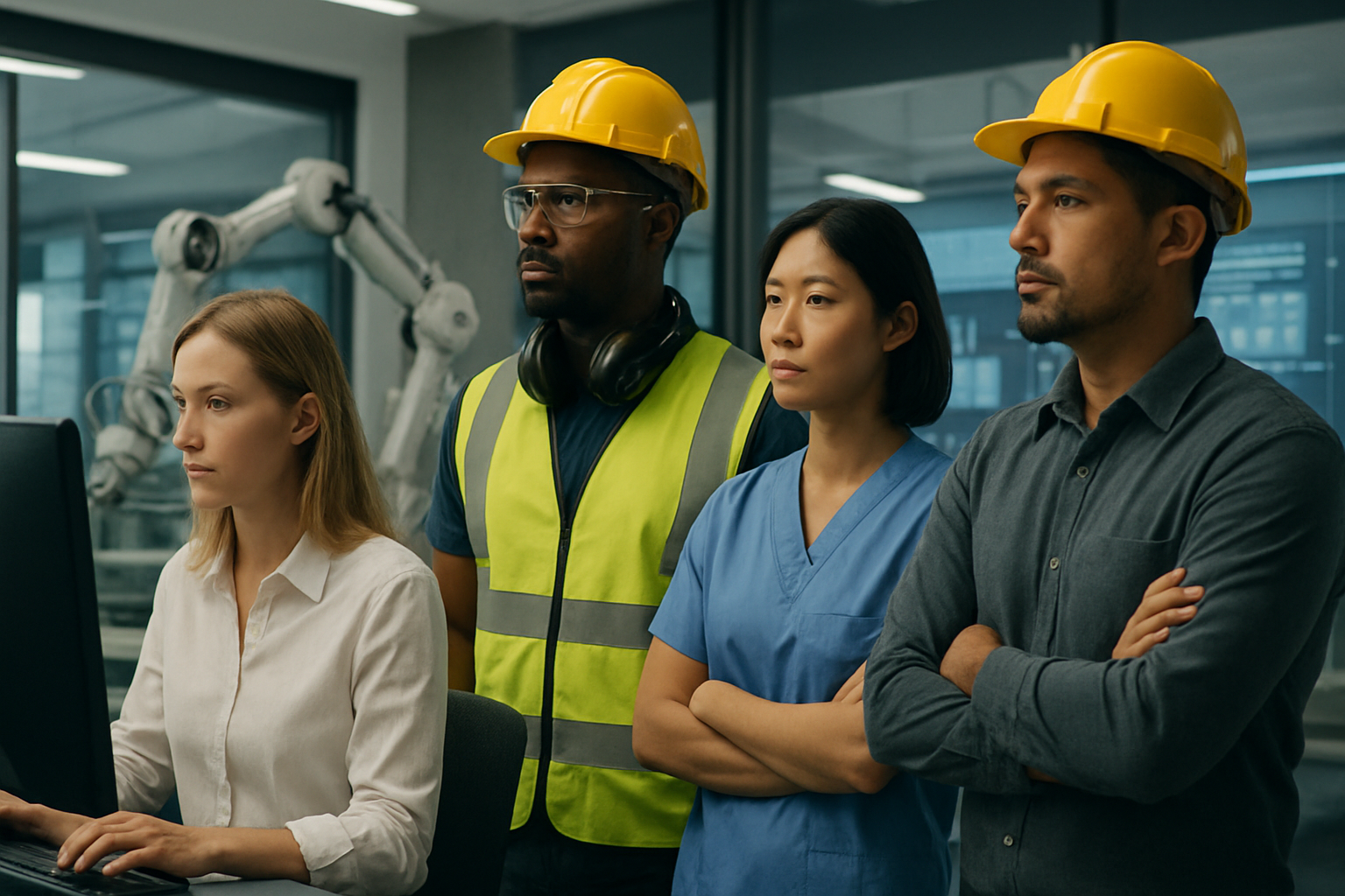 Create a realistic image of a diverse group of workers representing different demographics and industries, including a white female office worker at a computer, a black male factory worker with safety equipment, an Asian female healthcare worker in scrubs, and a Hispanic male construction worker with a hard hat, all positioned in a modern workplace setting with subtle AI technology elements like robotic arms and digital screens in the background, professional lighting, contemplative mood showing workers adapting to technological change, absolutely NO text should be in the scene.