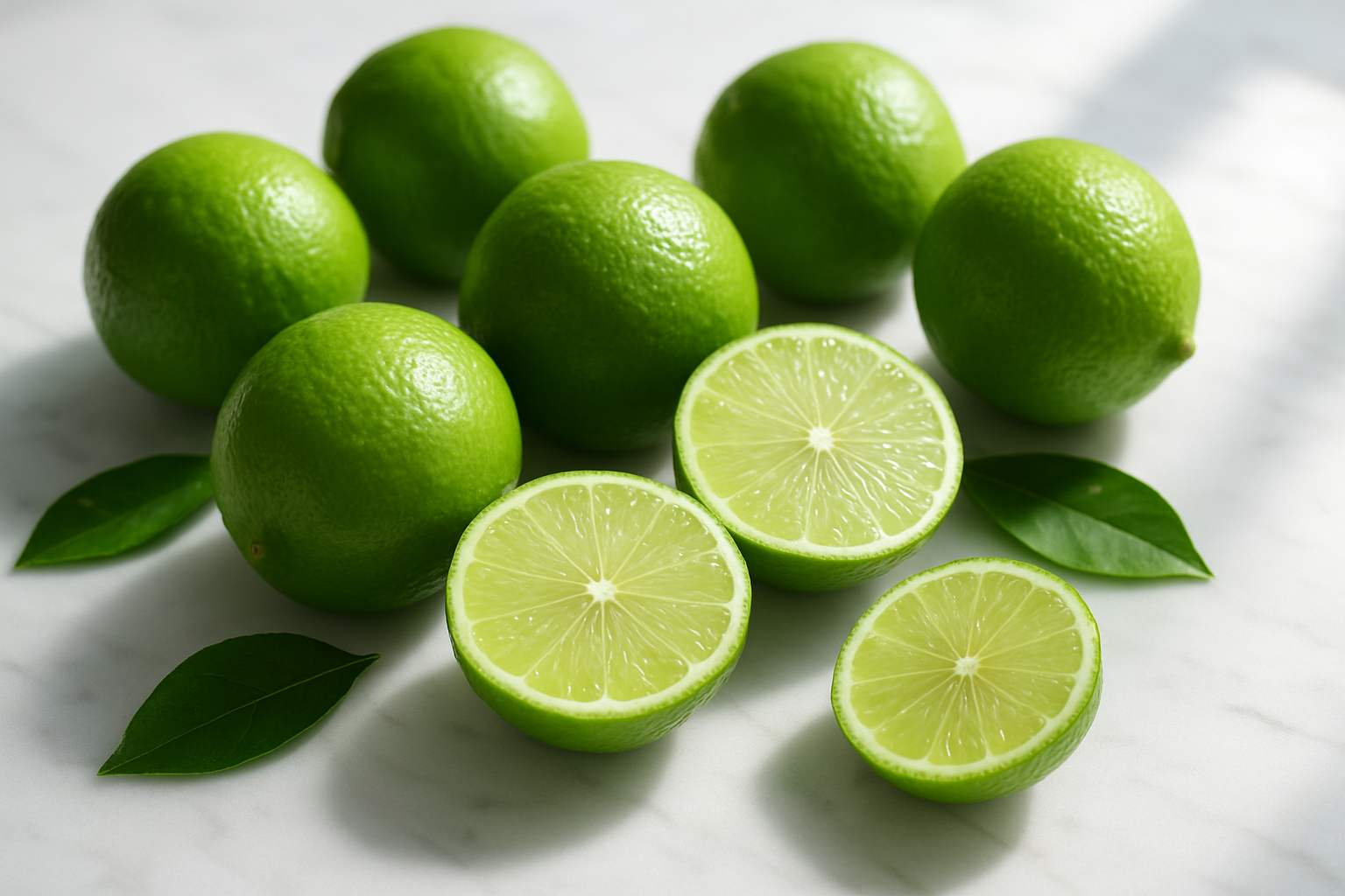 Create a realistic image of fresh green limes displayed as the central focus, showing whole limes alongside halved limes revealing their juicy interior, arranged on a clean white marble surface with natural daylight streaming from the side creating soft shadows, some lime leaves scattered around for natural context, with a bright and fresh atmosphere that emphasizes the vibrant green color and citrusy appeal of the fruit, shot from a slightly elevated angle to showcase the limes' texture and freshness, absolutely NO text should be in the scene.