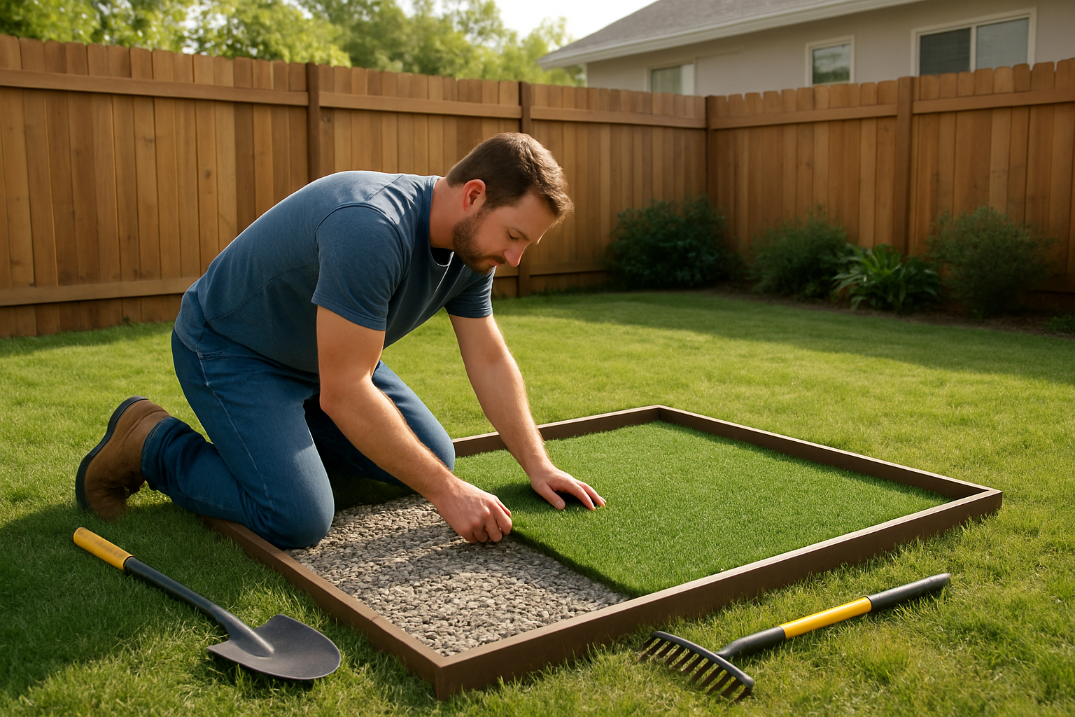 Create a realistic image of a white male homeowner kneeling on grass in a backyard installing a designated dog potty area, showing him placing gravel and artificial turf materials in a defined rectangular section, with installation tools like a shovel and rake nearby, natural outdoor lighting during daytime, residential fence and house visible in background, absolutely NO text should be in the scene.