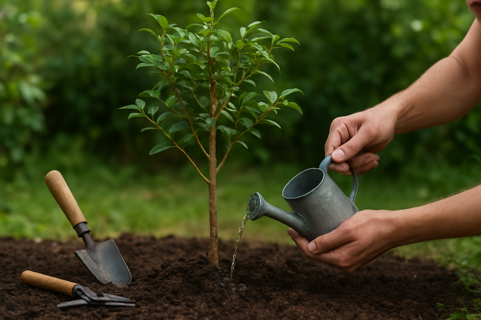 Create a realistic image of a healthy young jabuticaba tree planted in rich, dark soil in a well-maintained garden setting, with a person's hands gently tending to the tree by watering it with a small watering can, surrounded by gardening tools like a small shovel and pruning shears placed nearby on the ground, with lush green foliage in the background, soft natural daylight creating a peaceful gardening atmosphere, showing the tree at a manageable size for home cultivation with visible small branches and leaves, absolutely NO text should be in the scene.
