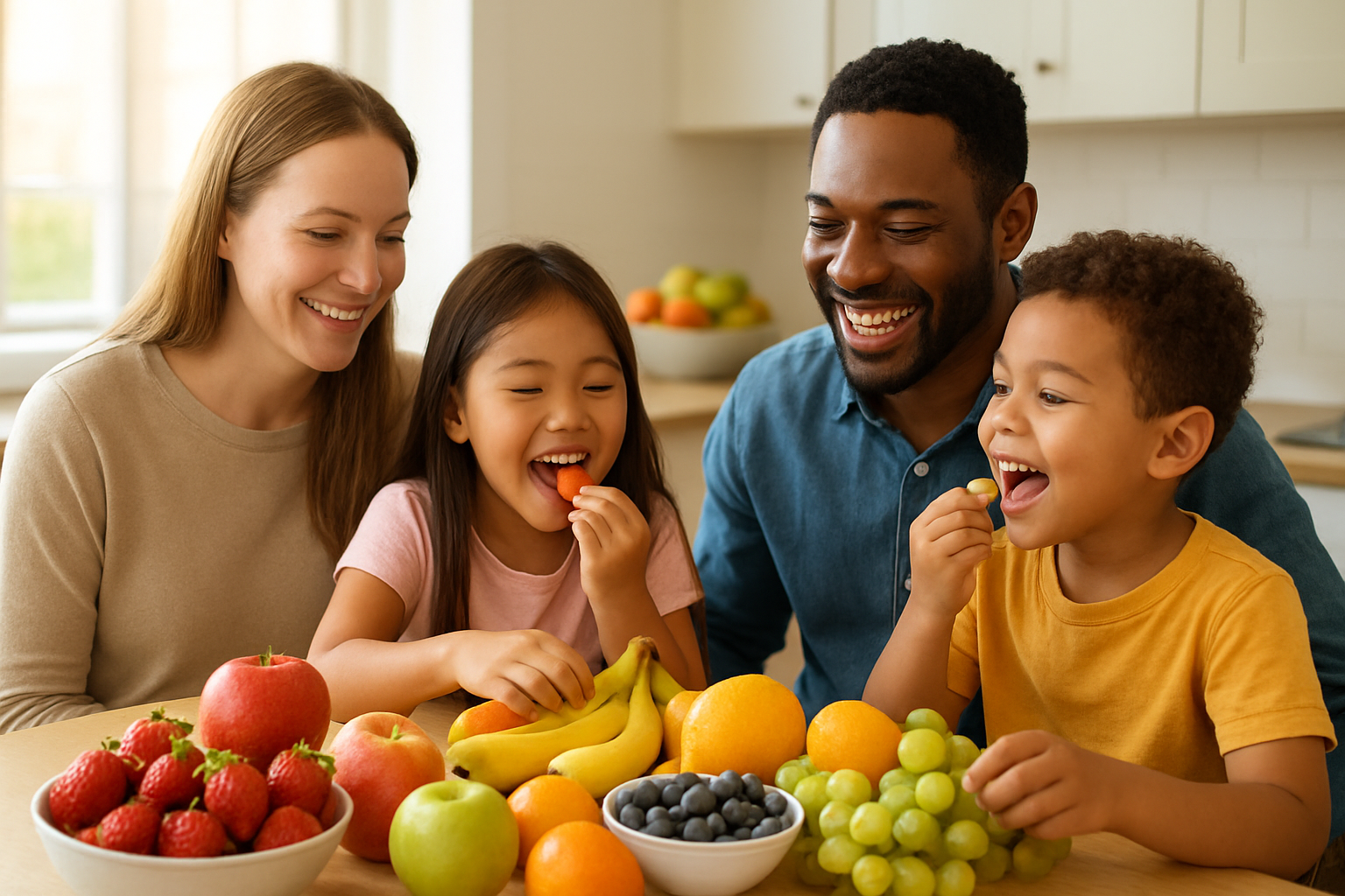 Create a realistic image of a happy diverse family including a white mother, black father, and two children (one Asian girl and one mixed-race boy) sitting around a bright kitchen table filled with an abundant variety of colorful fresh fruits including strawberries, apples, oranges, grapes, bananas, and berries, with the children actively reaching for and eating the fruits with joyful expressions, natural warm lighting streaming through a window, kitchen counters visible in the background with fruit bowls and a clean modern setting, capturing a moment of successful healthy eating and family bonding, absolutely NO text should be in the scene.