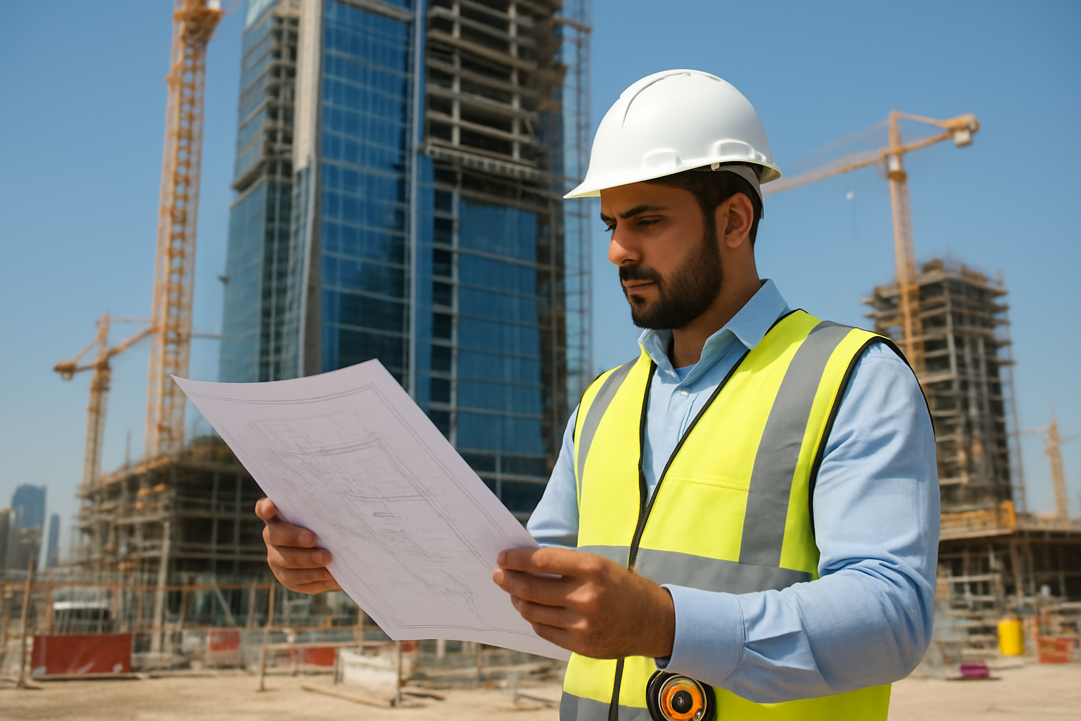 Create a realistic image of a professional construction inspector, Middle Eastern male, wearing a hard hat and safety vest, examining building blueprints and architectural drawings while standing next to a modern Dubai skyscraper under construction, with construction cranes and scaffolding visible in the background, bright daylight illuminating the scene, the inspector holding a clipboard and measuring tools, modern glass and steel building materials prominently displayed, construction site atmosphere with safety barriers and equipment, clear blue sky typical of Dubai's climate, absolutely NO text should be in the scene.