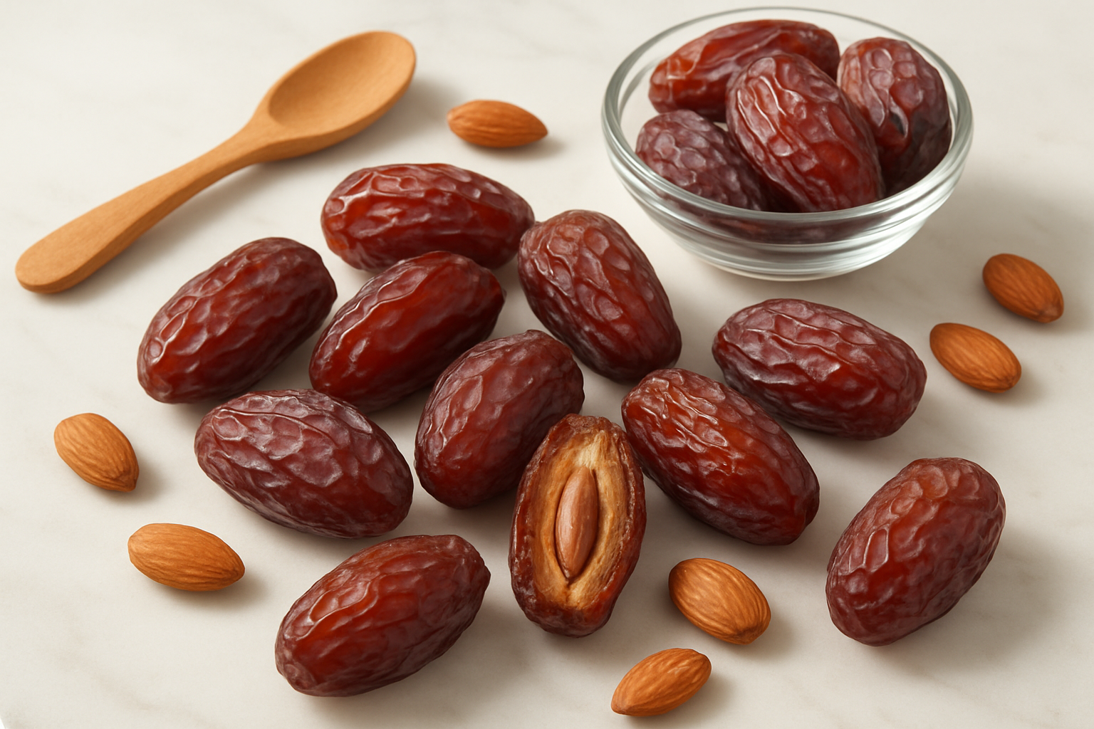 Create a realistic image of fresh Medjool dates arranged artfully on a clean white marble surface with some dates cut open to show their flesh, surrounded by subtle health symbols like a wooden spoon, small glass bowl, and scattered almonds, with soft natural lighting from above creating gentle shadows, warm and inviting mood suggesting wellness and nutrition, absolutely NO text should be in the scene.
