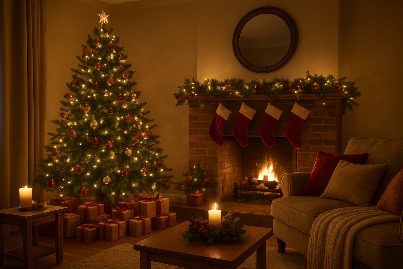 Create a realistic image of a cozy living room decorated for Christmas with a beautifully lit Christmas tree adorned with colorful ornaments and twinkling lights, festive garlands draped along the mantelpiece, red and gold Christmas stockings hanging from the fireplace, wrapped presents underneath the tree, warm candlelight flickering on side tables, soft golden lighting creating a welcoming atmosphere, plush cushions and blankets on a comfortable sofa, and subtle holiday decorations like pinecones and holly scattered throughout the space. Absolutely NO text should be in the scene.