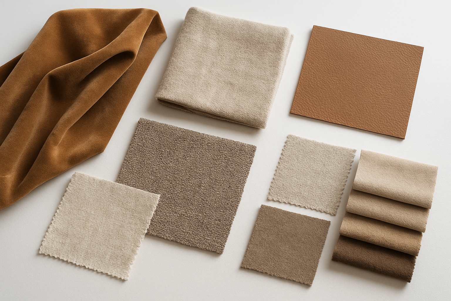 Create a realistic image of various fabric samples and swatches laid out on a clean white surface, showing different textures and patterns suitable for sofa upholstery including velvet, linen, leather, cotton, and microfiber materials in neutral and earth tones, with some fabric pieces draped naturally to show their drape and texture, soft natural lighting from above creating gentle shadows, clean and organized arrangement suggesting quality craftsmanship, absolutely NO text should be in the scene.