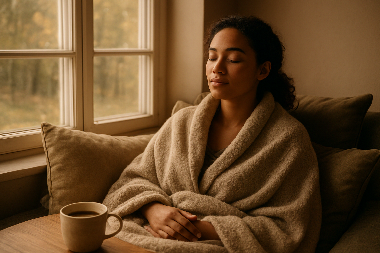 Create a realistic image of a serene woman of mixed race sitting peacefully in a cozy reading nook by a large window with soft natural light streaming in, she is wrapped in a comfortable blanket with her eyes gently closed in a restful pose, surrounded by plush cushions and a warm cup of tea on a nearby table, the background shows a tranquil view of nature through the window with gentle shadows creating a calm atmosphere, the scene conveys deep relaxation and intentional rest with warm golden lighting that emphasizes comfort and self-care, absolutely NO text should be in the scene.
